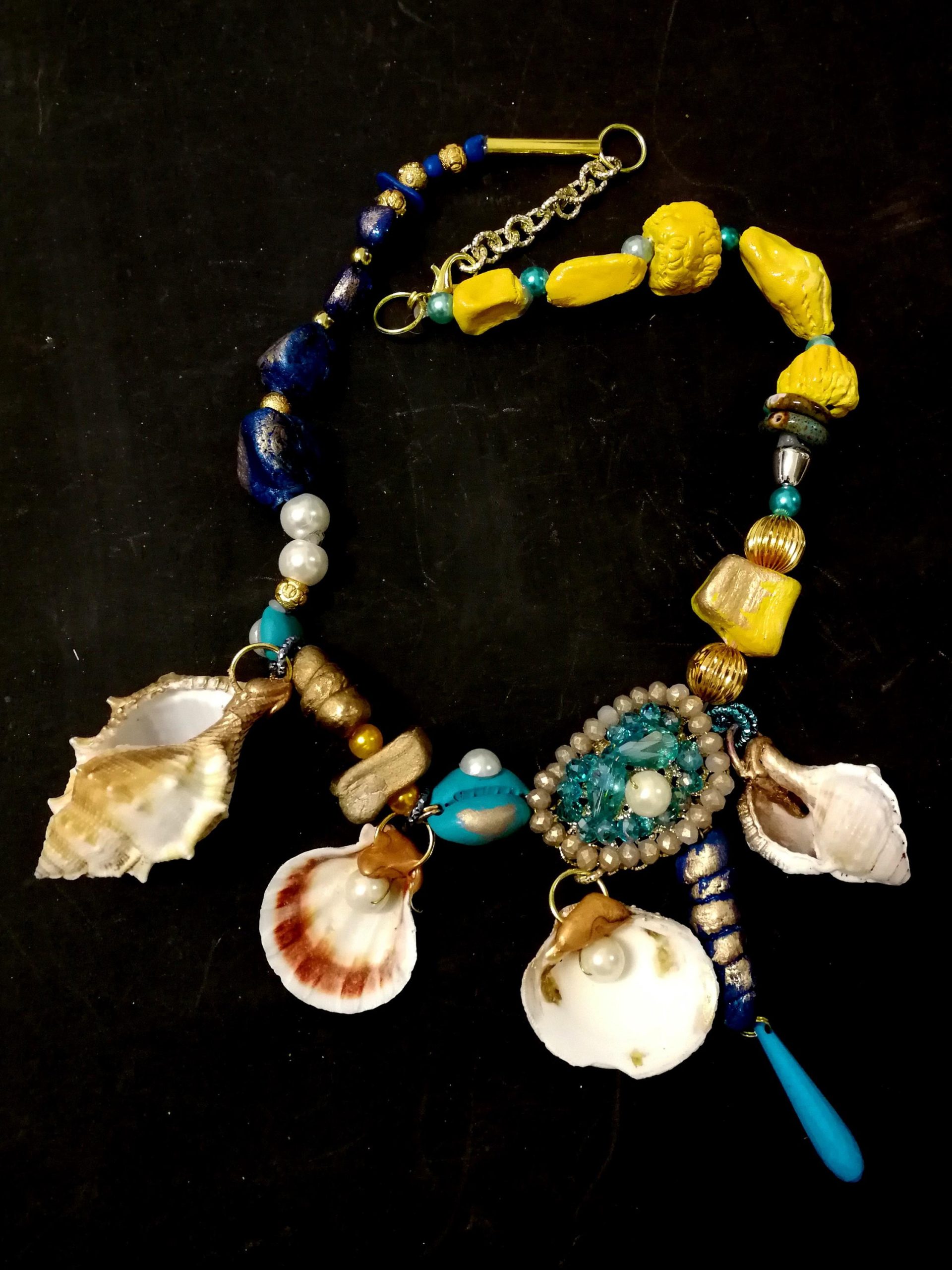 Puka Shell Necklace, Maximalist Design Luxury Statement Charm, Natural Seashell Conch Abalone & Ceramic Jewelry