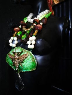 Fine Jewelry, Fan Leaf Bold Necklace, Chunky Pendant Art Nouveau Nature Pearl Crystal Charm