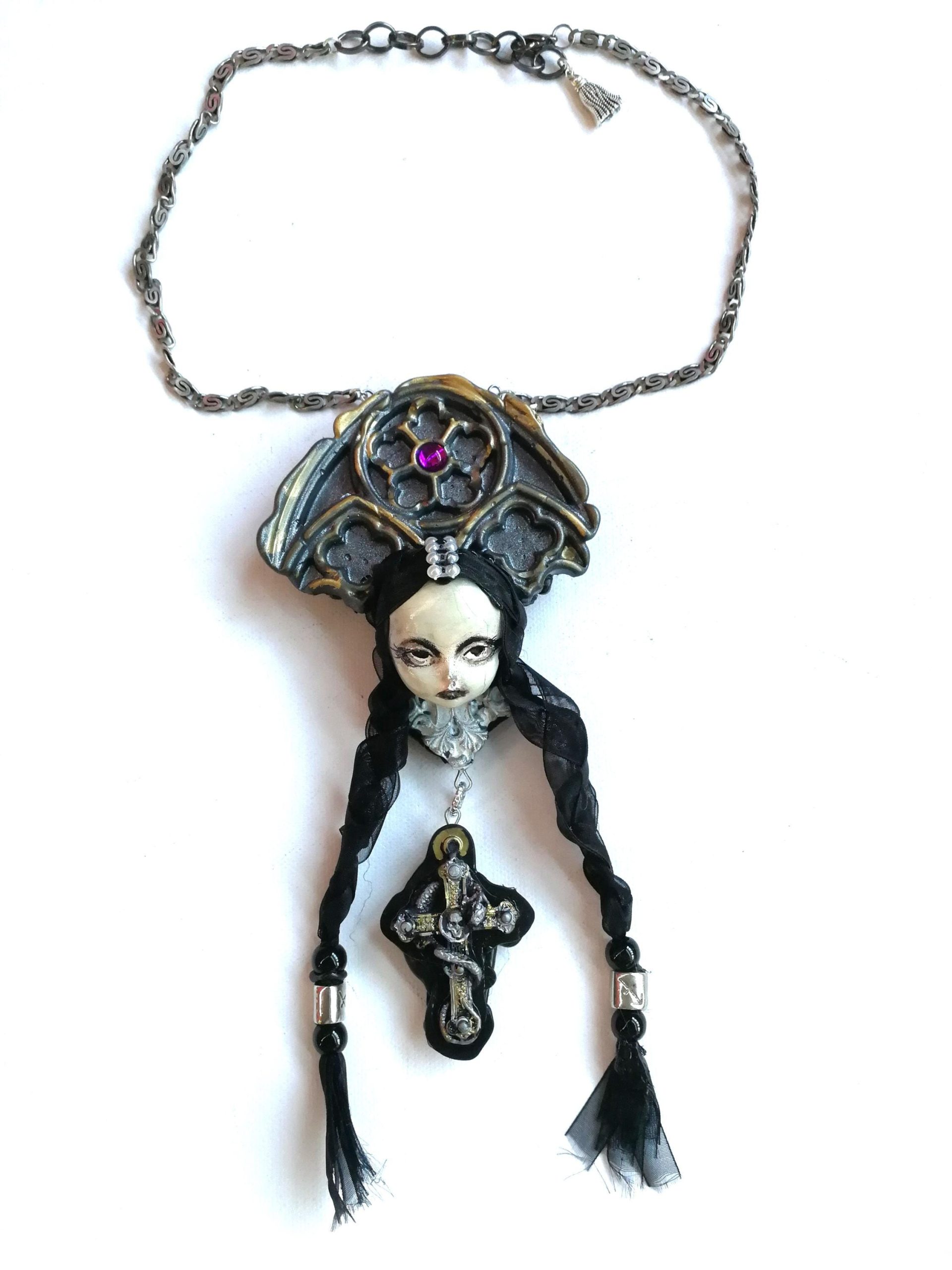 Gothic Necklace, Doll Head Sculpture Pendant, Wednesday Addams Goth Jewel Charm, Fairy Tale Jewelry