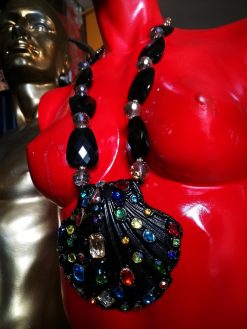 Bejeweled Shell Pendant & Black Design Big Bold Chunky Necklace, Statement Jewelry Luxury Crystal Strass
