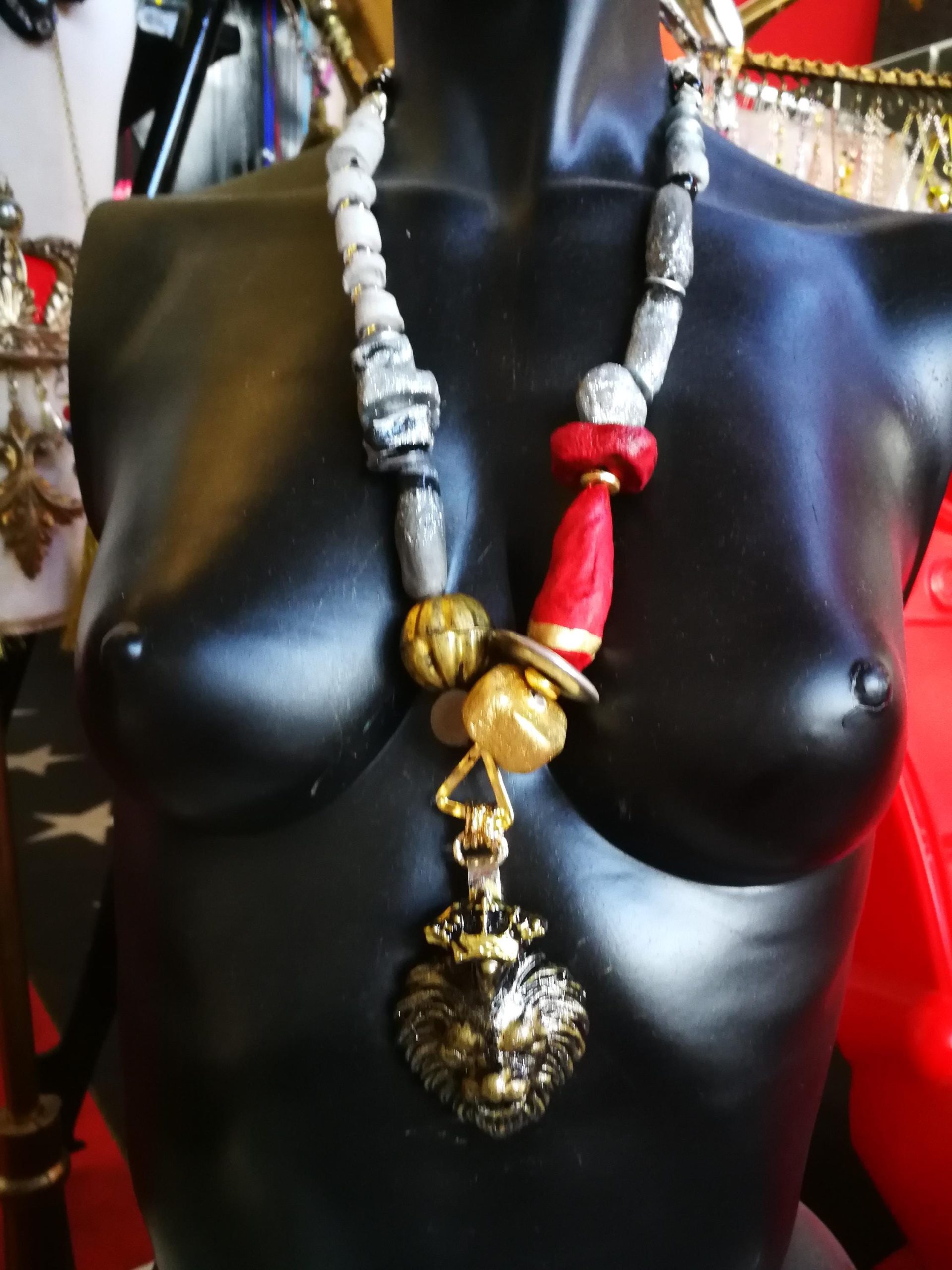 Lion Pendant, Designer Jewelry Sculptural Statement Big Bold Chunky Necklaces Golden Crown Wild Animal