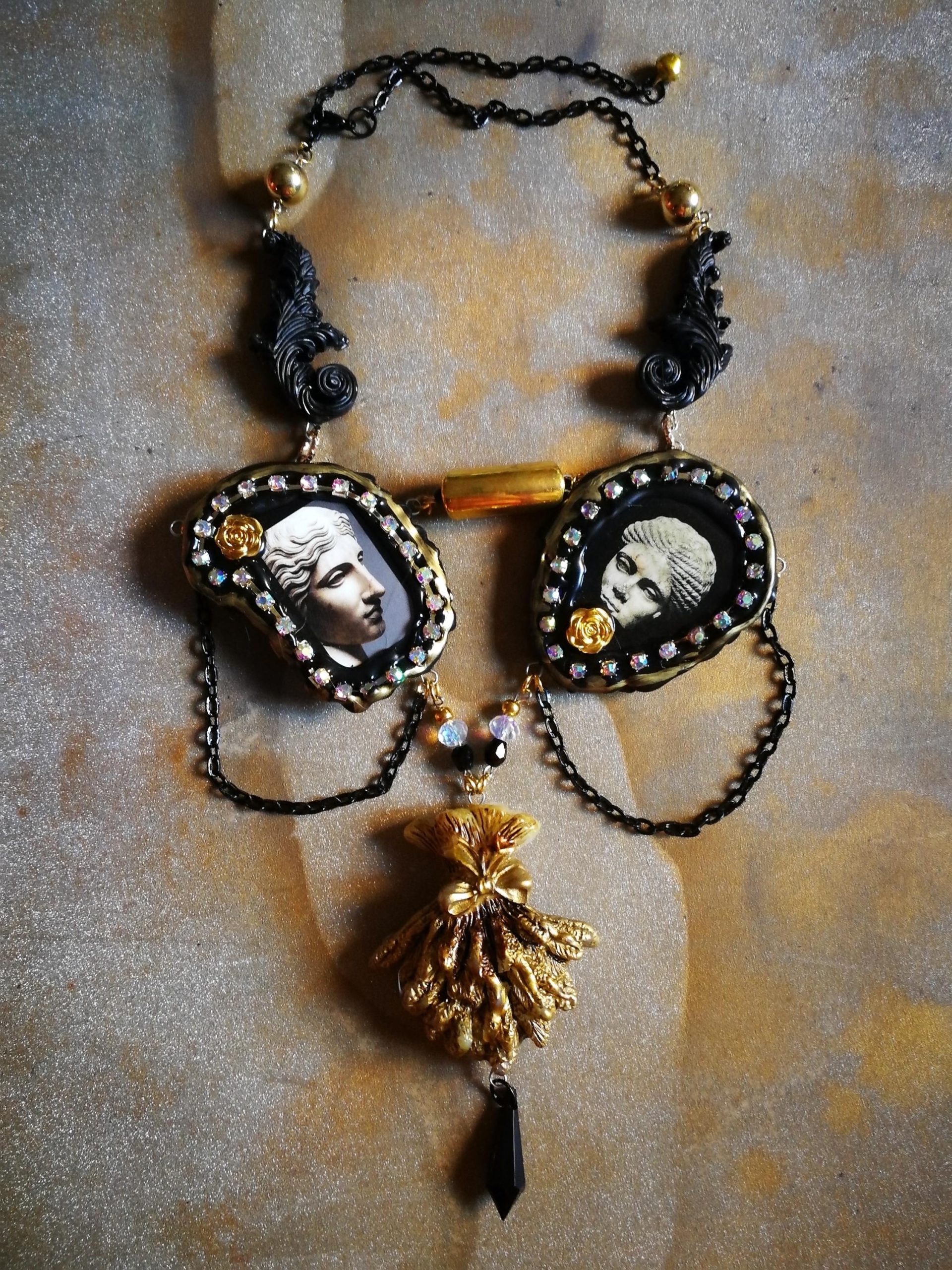 Greek Statue, Baroque Sicilian Massive Necklace, Rococo Pendant Assemblage, Luxury Jewelry Greece Antique