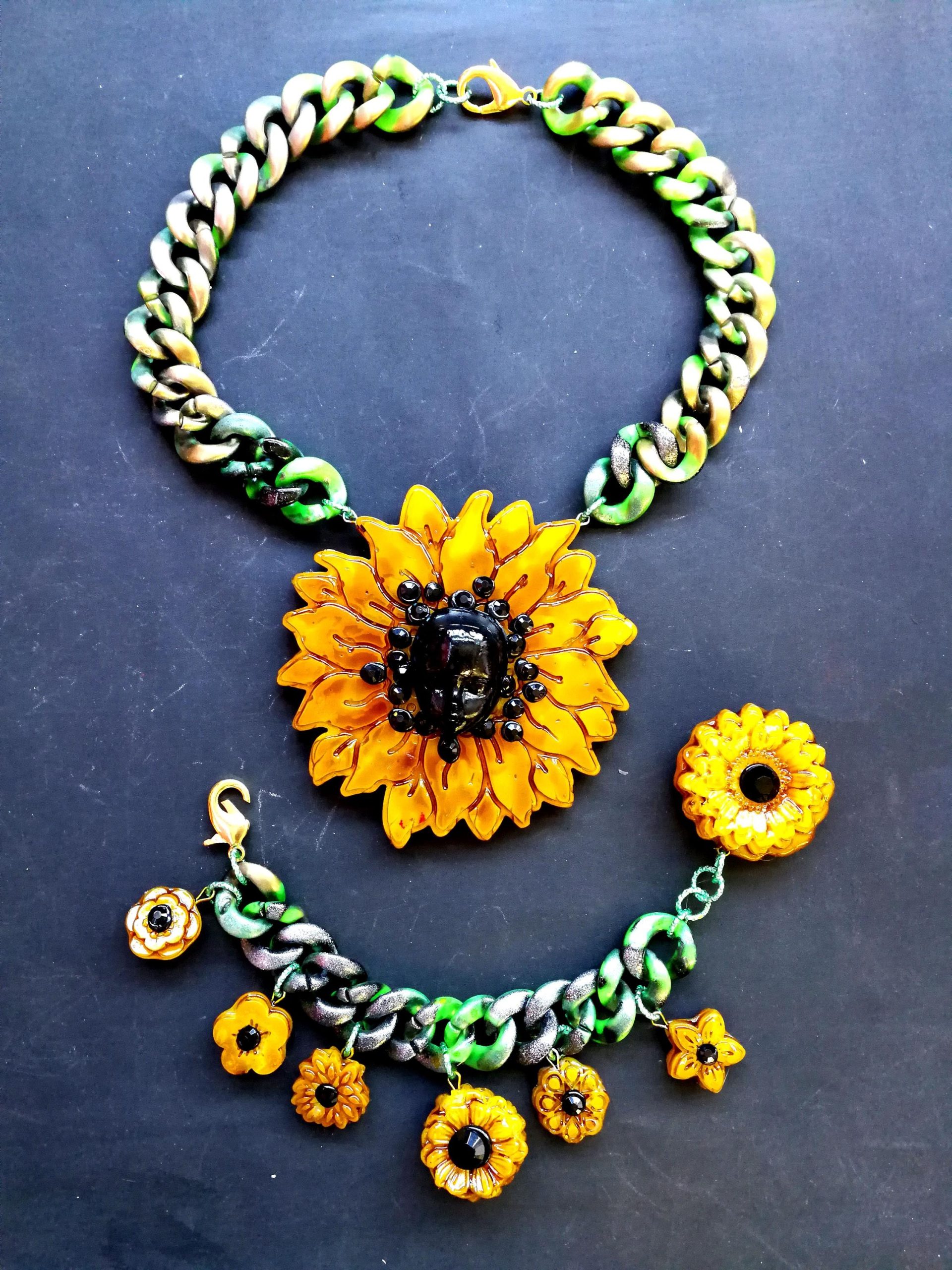 Sunflower Necklace and Bracelet Daisy Pendant, Floral Suit Set Jewelry, Sun Flower Brutalist Modernist