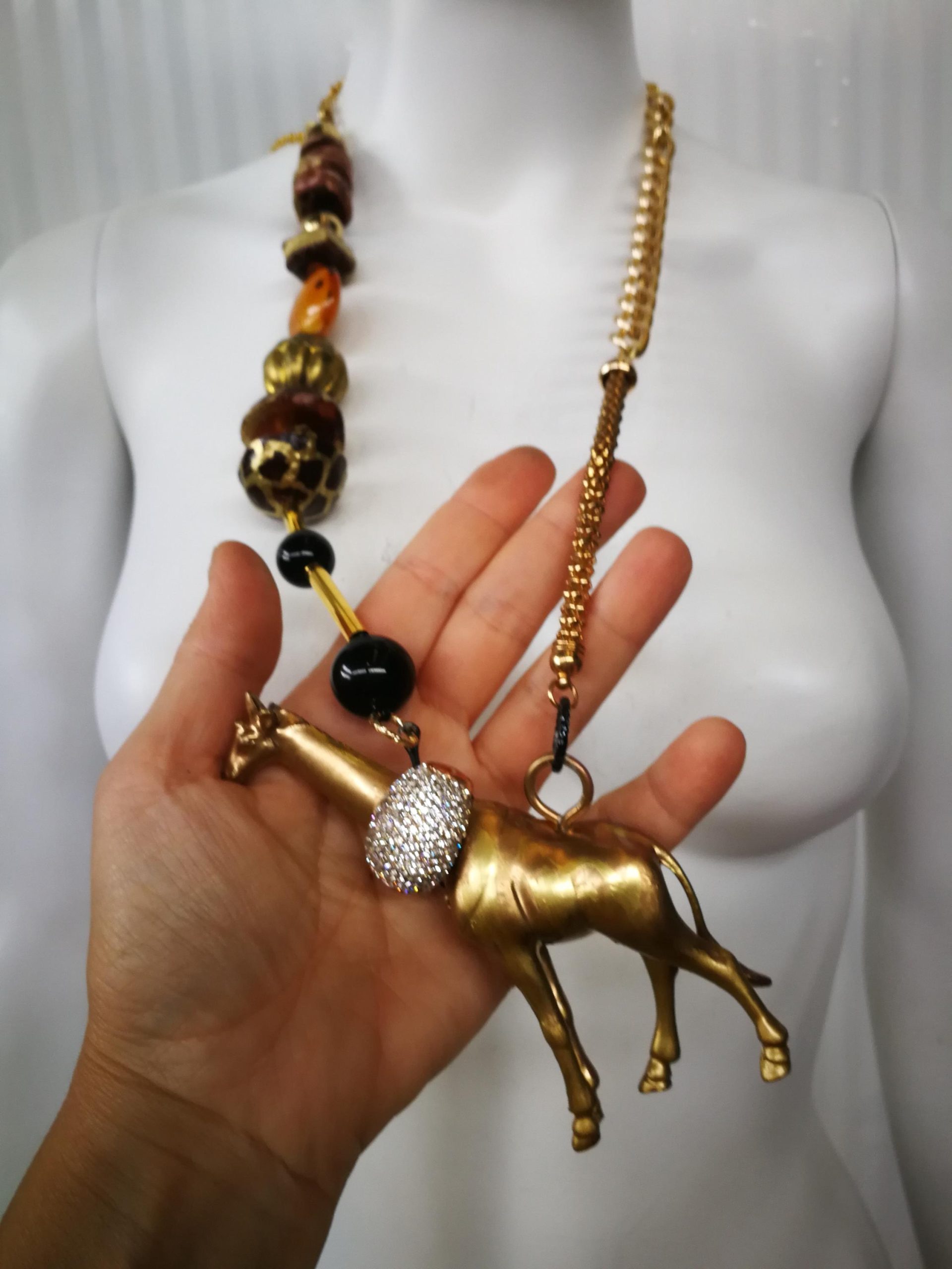 Designer Jewelry, Extravagant Pendant Animal, Giraffe Locket Statement Necklace Savana Wild Charm Beaded Chain
