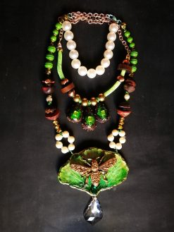 Fine Jewelry, Fan Leaf Bold Necklace, Chunky Pendant Art Nouveau Nature Pearl Crystal Charm