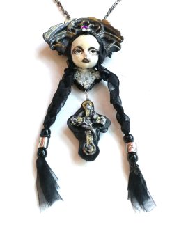 Gothic Necklace, Doll Head Sculpture Pendant, Wednesday Addams Goth Jewel Charm, Fairy Tale Jewelry