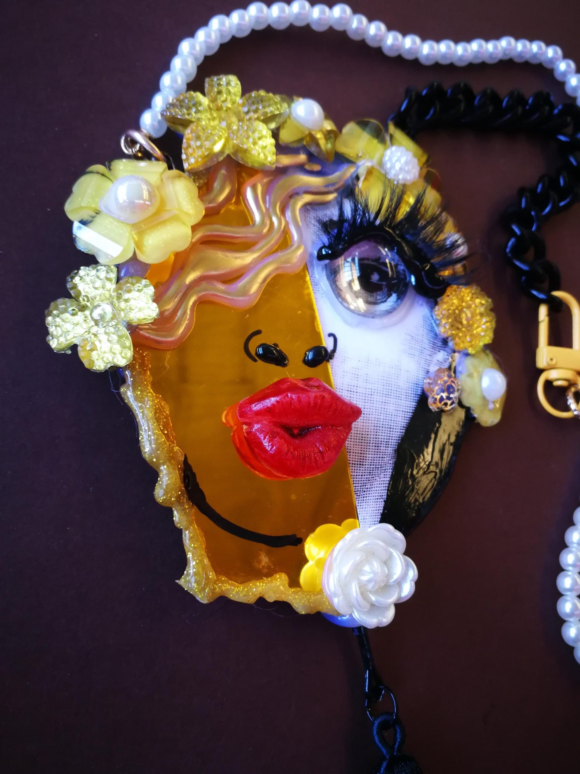 Happy Face Pendant, Brutalist Chunky Portrait, Mirror Eye Lips Pop Art Statement Jewelry Charm