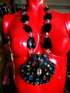 Bejeweled Shell Pendant & Black Design Big Bold Chunky Necklace, Statement Jewelry Luxury Crystal Strass