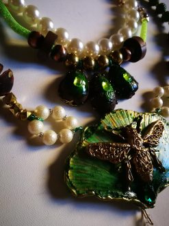 Fine Jewelry, Fan Leaf Bold Necklace, Chunky Pendant Art Nouveau Nature Pearl Crystal Charm