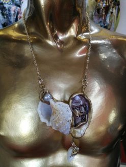 Shell Jewelry, Sea Glass Necklace Statement Pendant, Luxury Conch Charm Chain Collar Ear Pearl