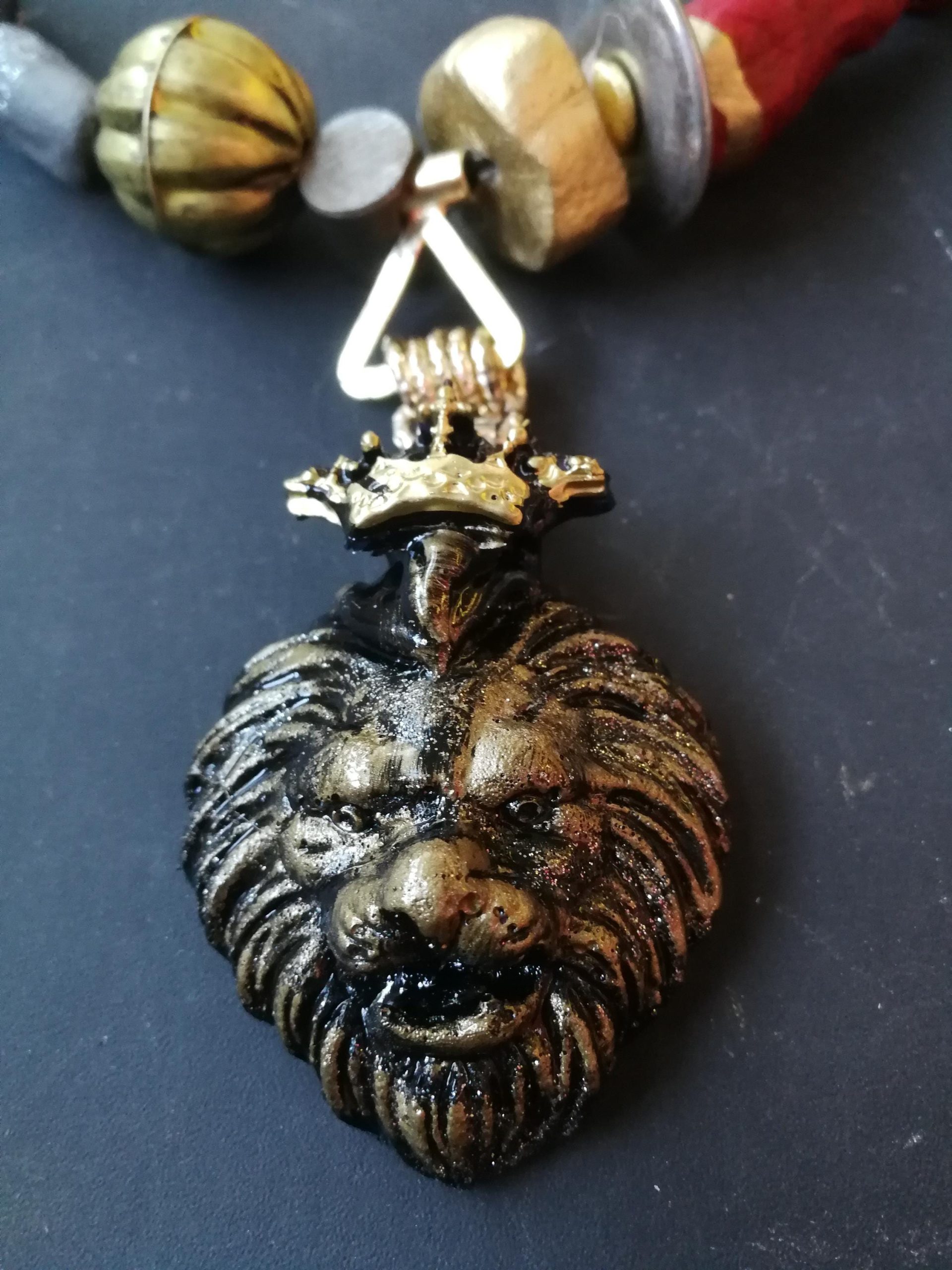 Lion Pendant, Designer Jewelry Sculptural Statement Big Bold Chunky Necklaces Golden Crown Wild Animal