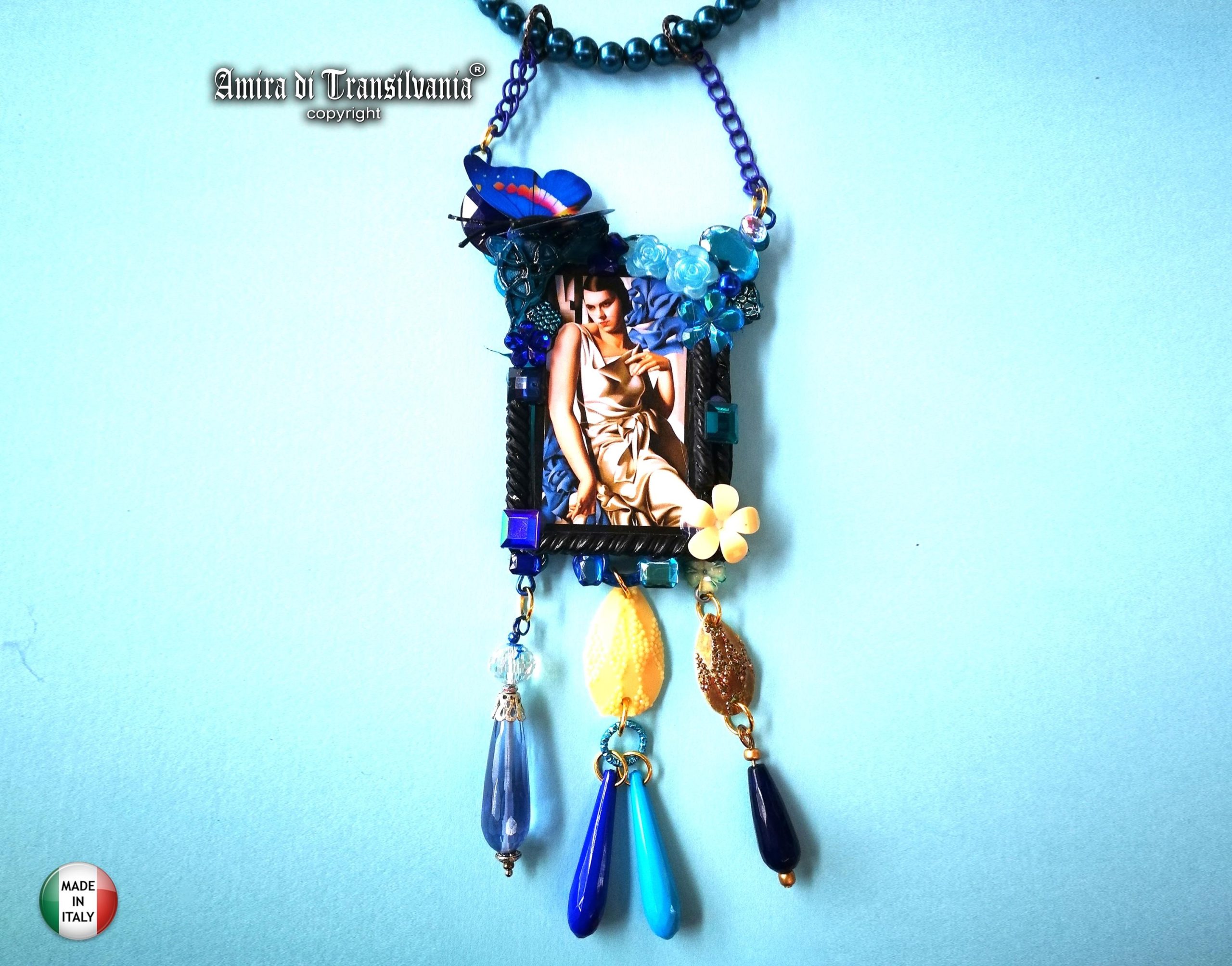Art Deco Necklace, Artist Statement Jewelry Royal Portrait & Butterfly Flower Retro Pendant Charleston Collar