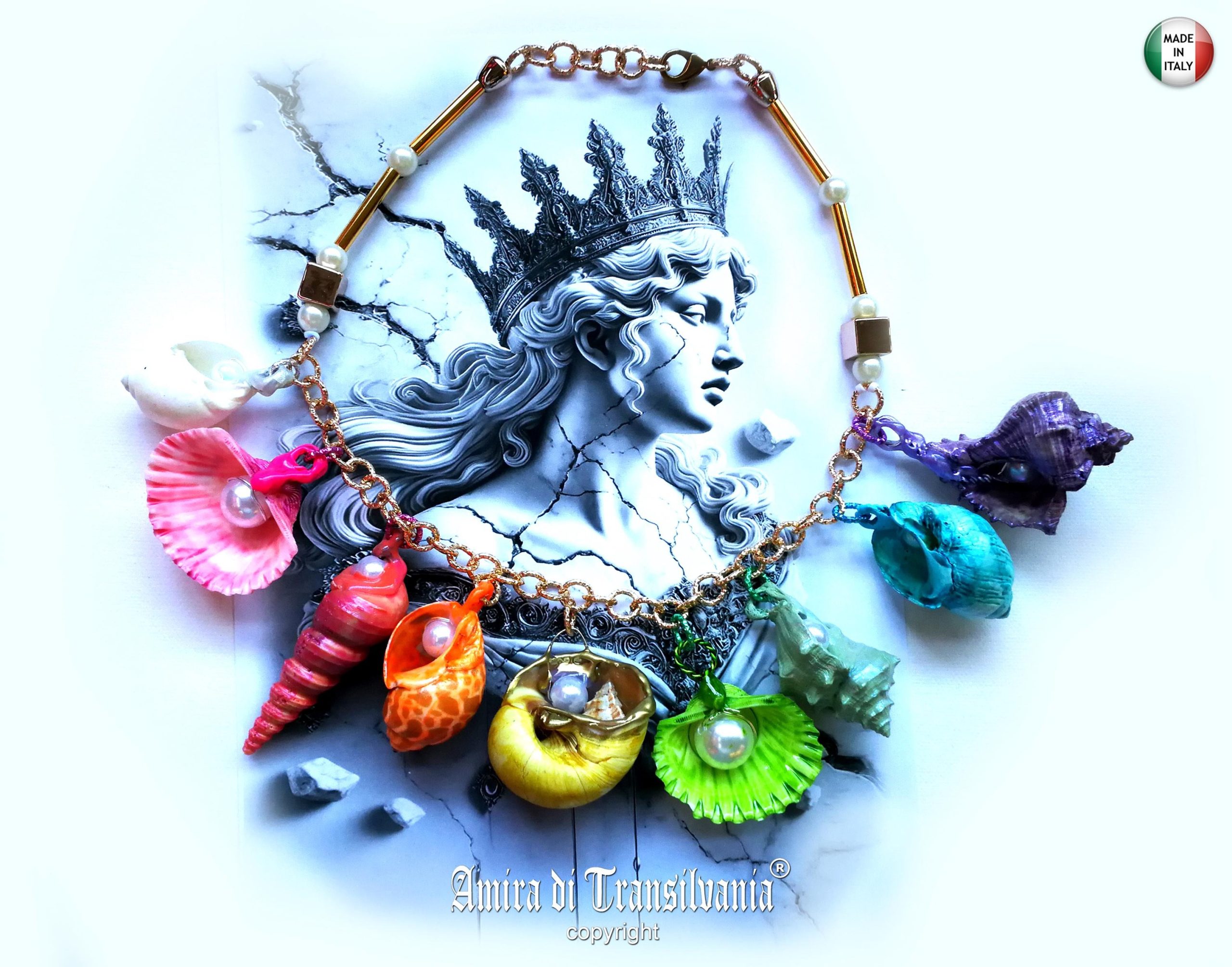 Puka Shell Necklace, Maximalist Design Handmade Painted Natural Seashell Conch Jewelry Rainbow Abalone Multicolored