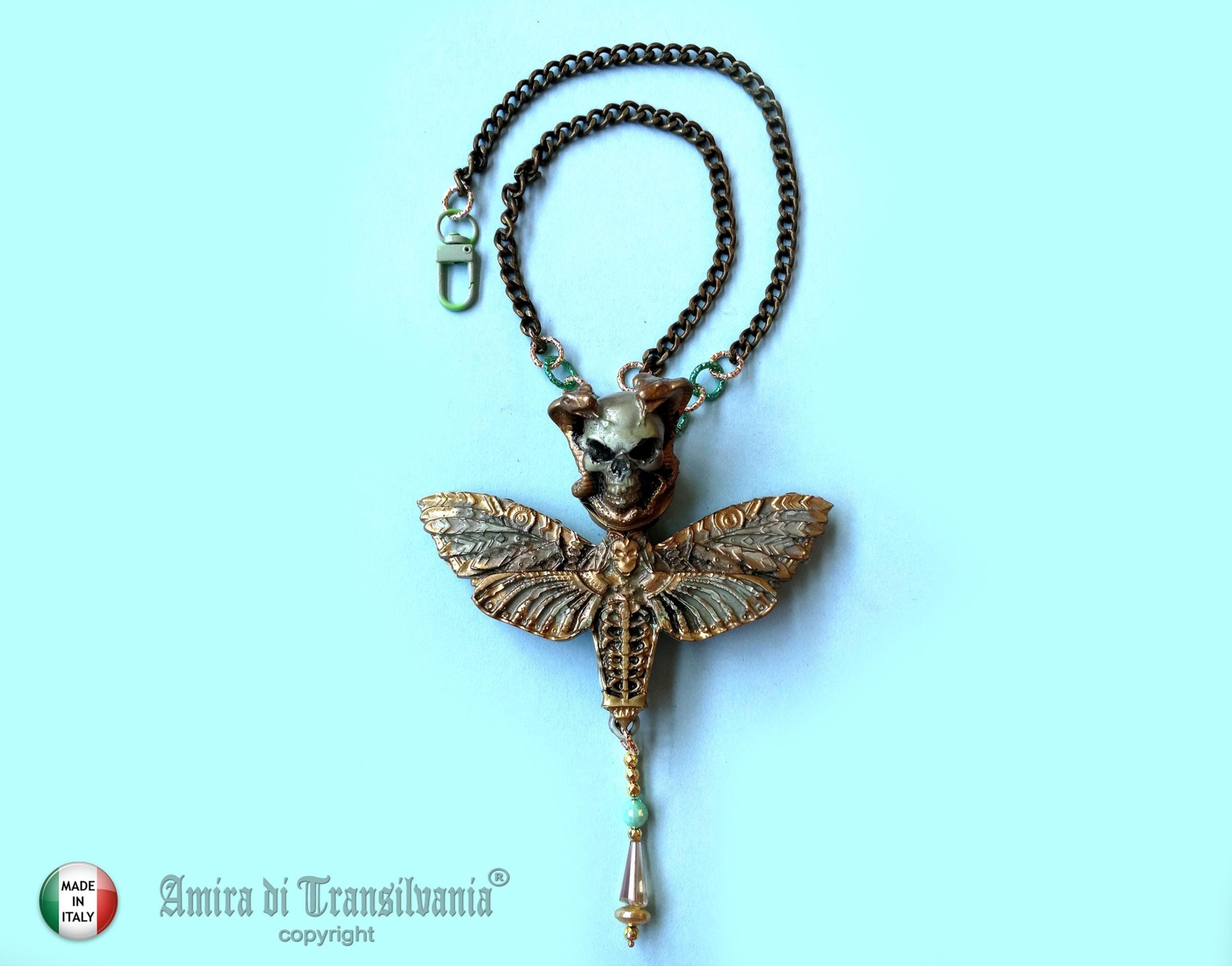 Butterfly Skull Pendant, Lunar Moth Victorian Gothic Statement Necklace & Steampunk Fantasy Charm Sculptural Jewelry
