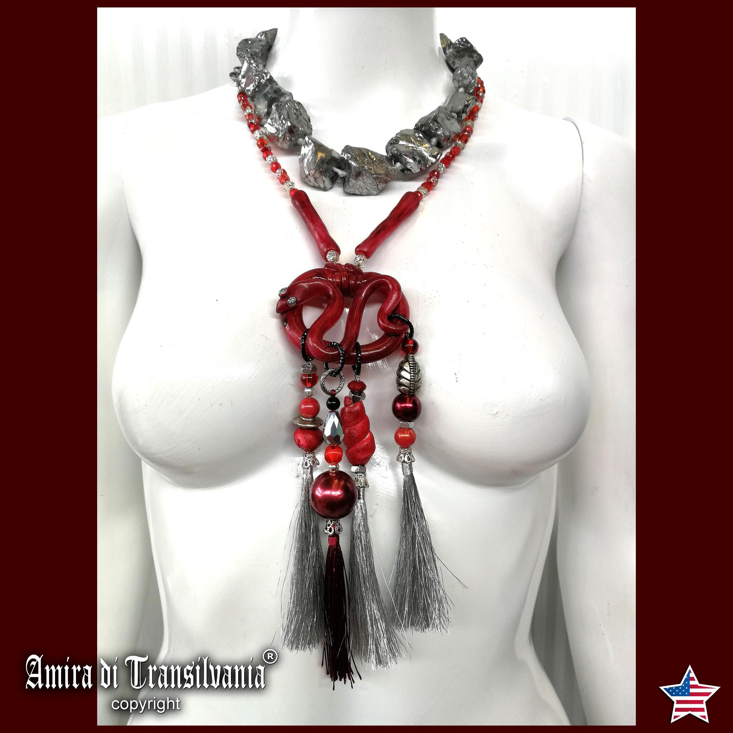 Brutalist Necklace, Chunky Snake Sculptural Pendant, Serpent Statement Jewelry Stone Beaded Chain Pyrite Gemstone
