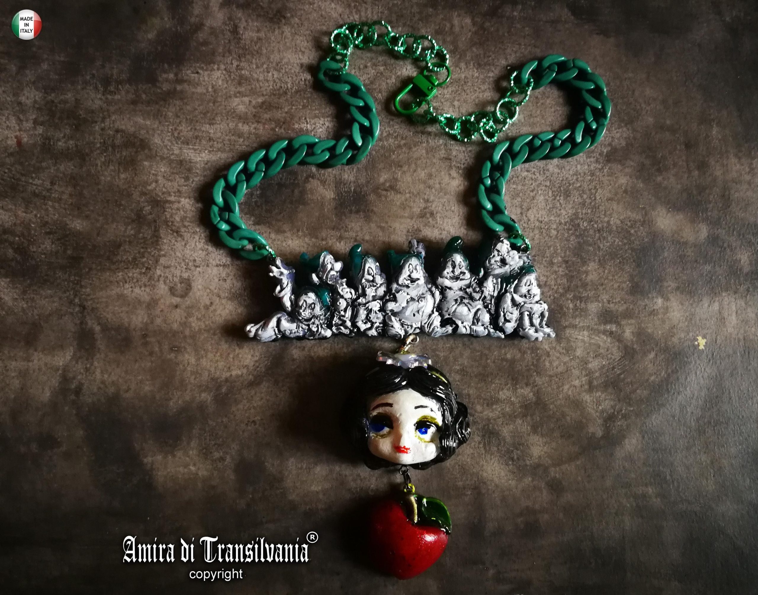 Whimsical Jewelry, Snow White & the Seven Dwarfs Necklace Manga Doll Fantasy Pendant Cartoonish Apple Charm