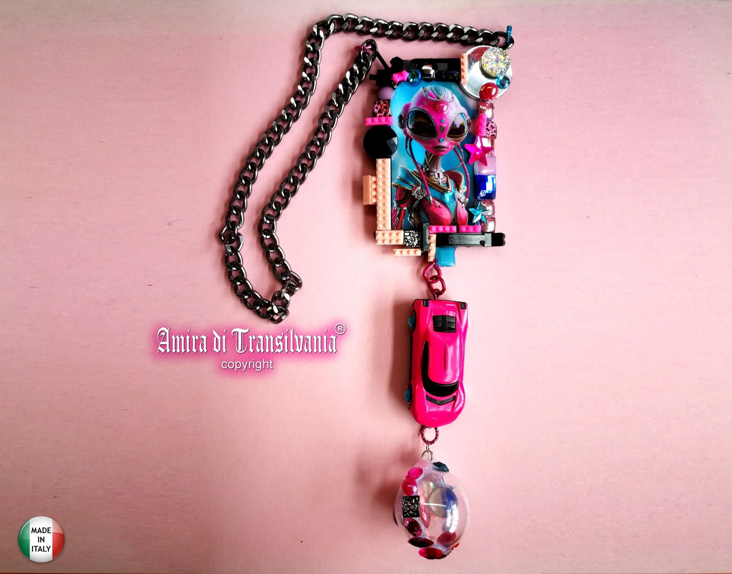 Futuristic OOAK Jewelry, Alien Statement Necklace UFO Area 51 Extraterrestrial E.T Design, Hi Tech Pendant