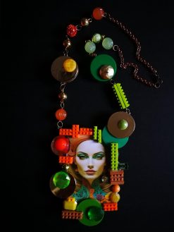 Futuristic Jewelry 1960 1970 Design Necklace, OOAK Modernist Beaded Pop Art, Disco Fashion Style Multicolored Pendant