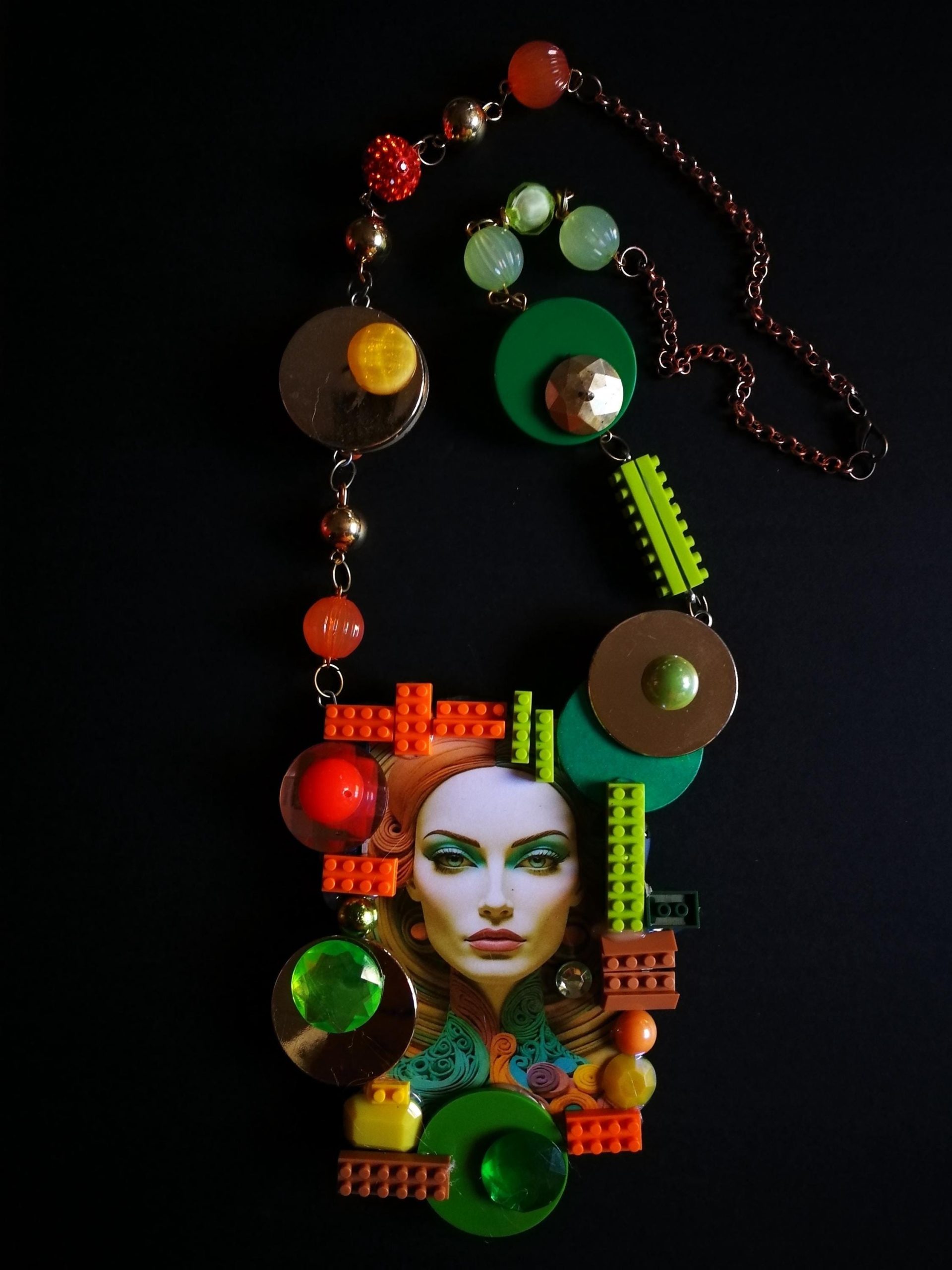 Futuristic Jewelry 1960 1970 Design Necklace, OOAK Modernist Beaded Pop Art, Disco Fashion Style Multicolored Pendant