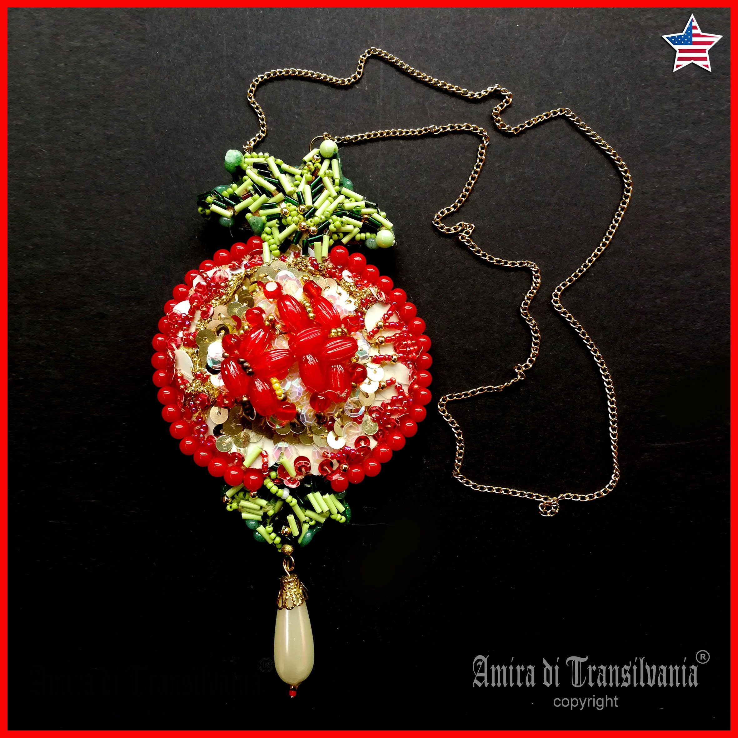 Passion Fruit Necklace, Hand Embroidered Jewelry, Luxury Pendant Pearl Charm, Chain Amulet Collar Jewelry