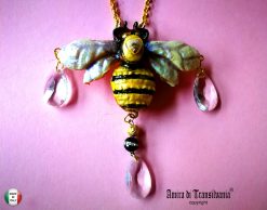 Queen Bee Jewelry, Gold Bumble Honey Pendant, Sculptural Insect Necklace Charm Drop Bead Crystals