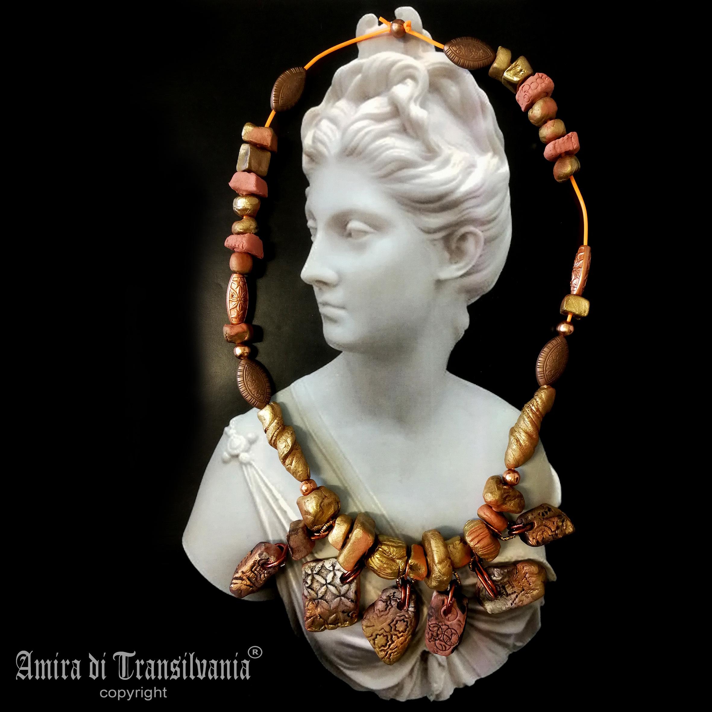 Beaded Necklaces, Boho Jewelry Earth Tone Bib, Chunky Handmade Stone Jewelry, Brutalist Pendant Charm