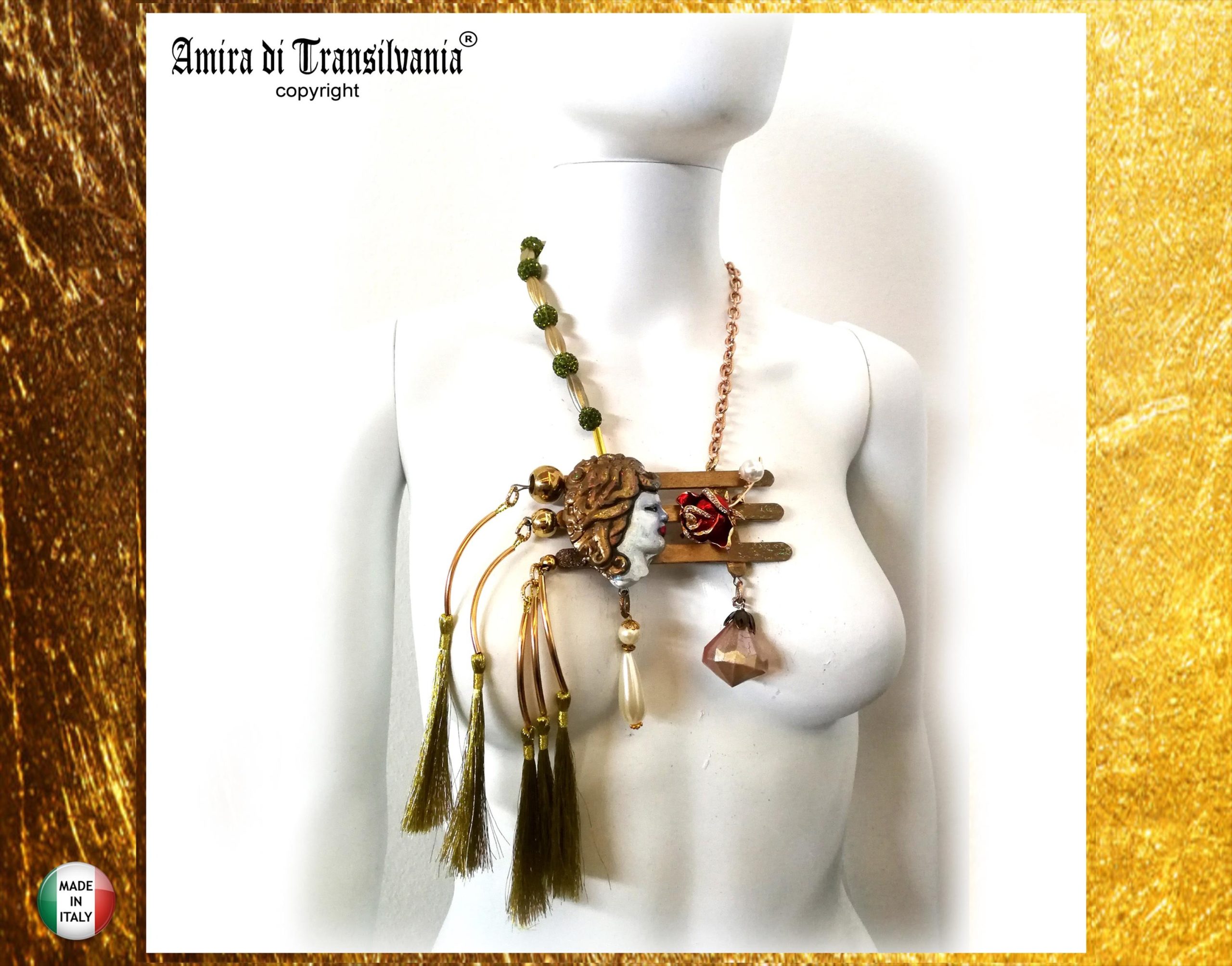 Belle Epoque Jewelry, Statement Doll Head Sculpture Pendant Charleston, Golden Age Liberty Flower Charm