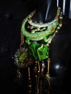 Metallic Emerald & Feathers Layers Statement Pendant, Avant Garde Sculpted Oversized Big Bold Chunky Necklaces