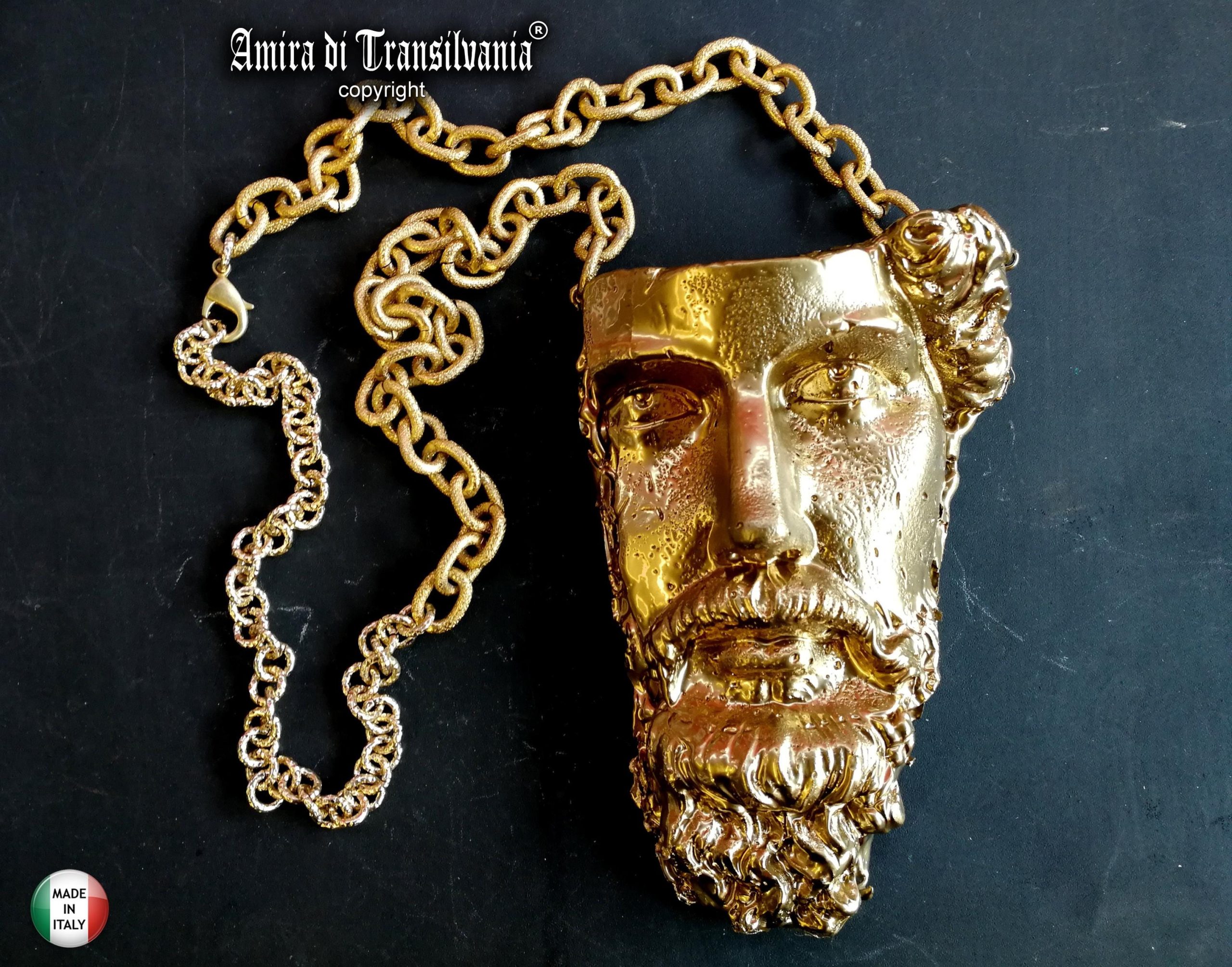 Antique Greek Statue, Head Face Portrait Sculpture Necklace, Pendant Chunky Jewelry Statement Brutalist Chain