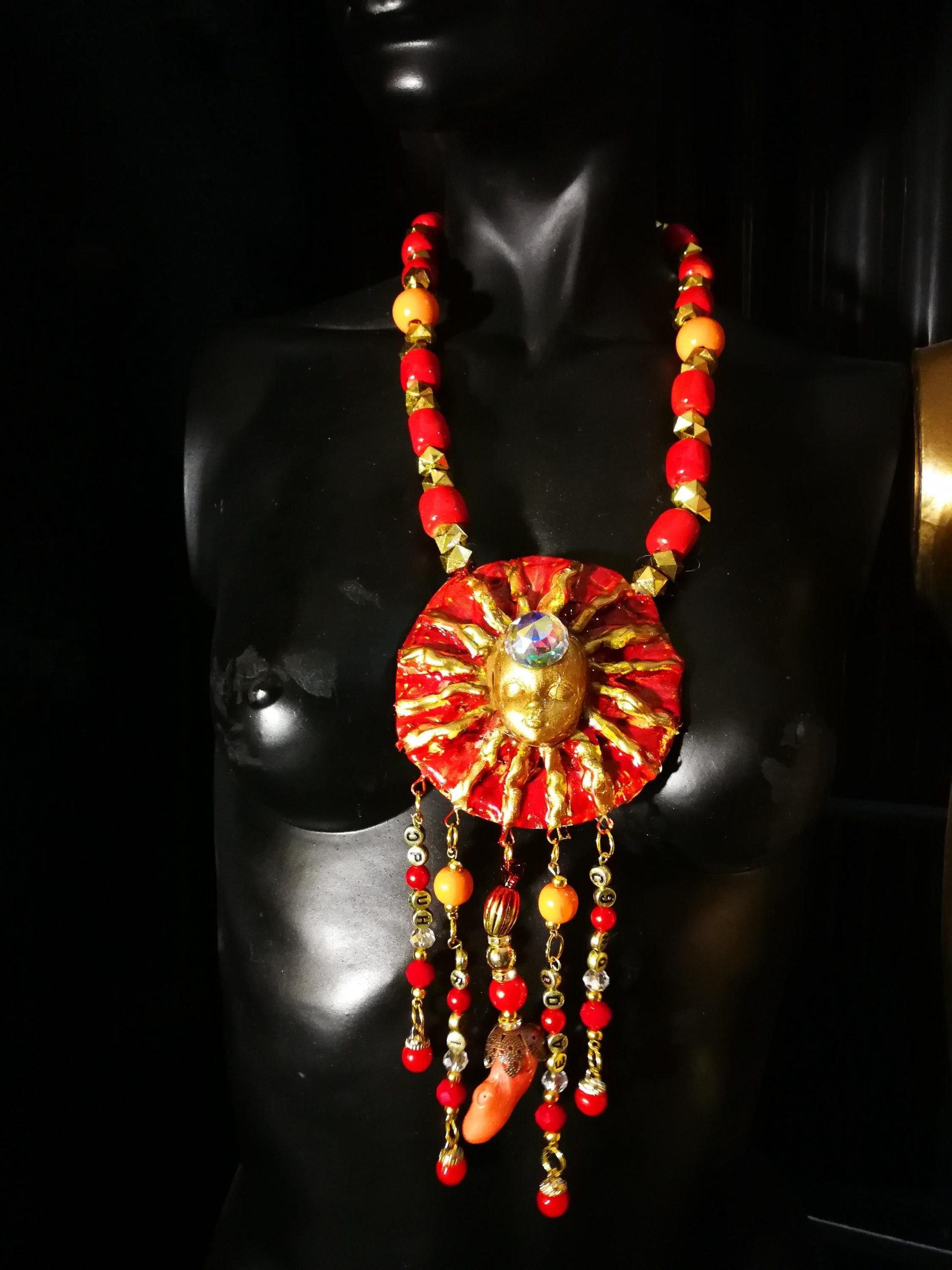Red & Gold Sun Face Pendant Necklace, Beaded Dangles OOAK Wearable Art Statement Bold Jewelry