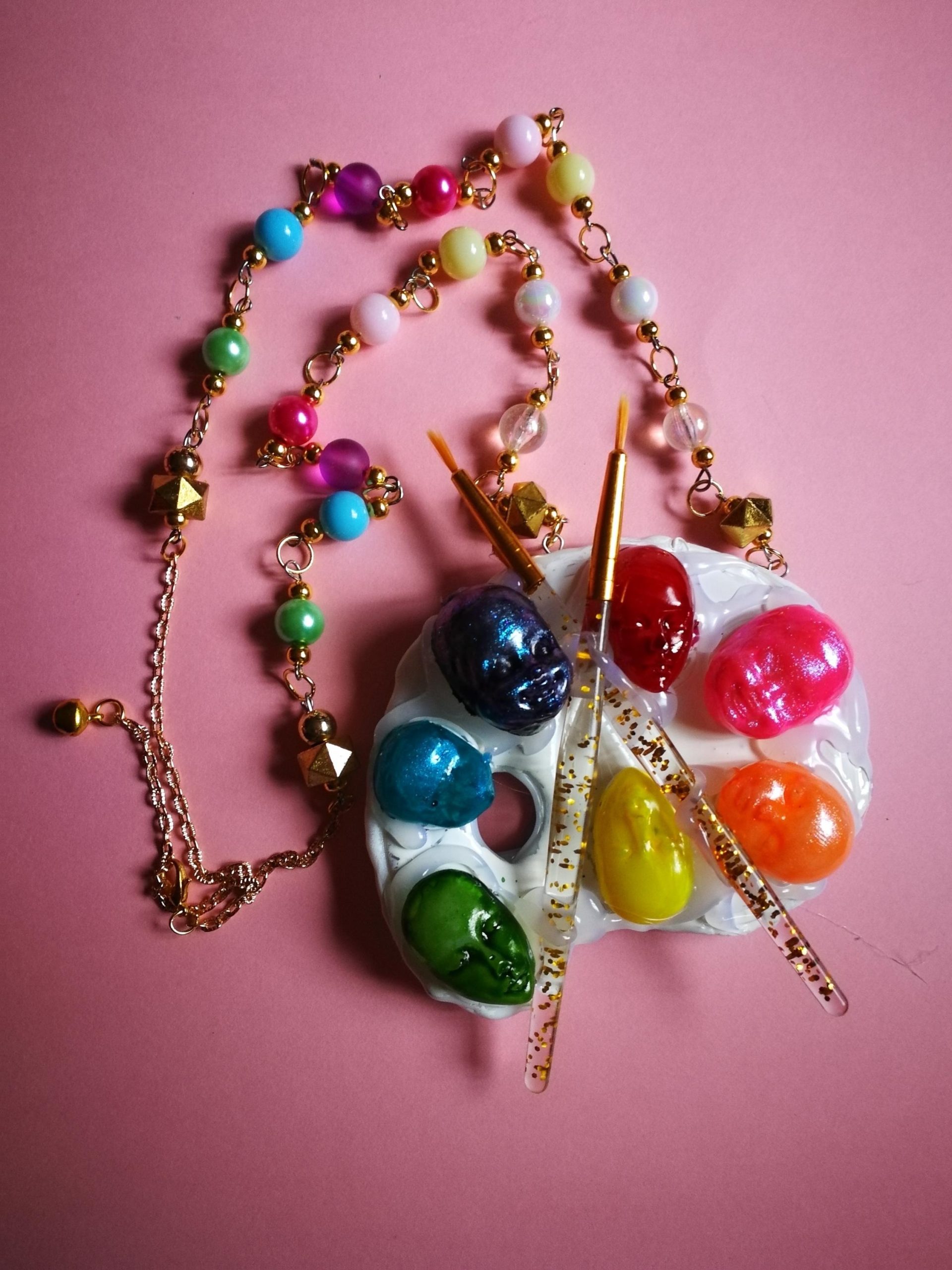 Artist Palette Jewelry, Painter Sculpture Pendant Rainbow Beaded, Doll Head Face Chunky Statement Necklace