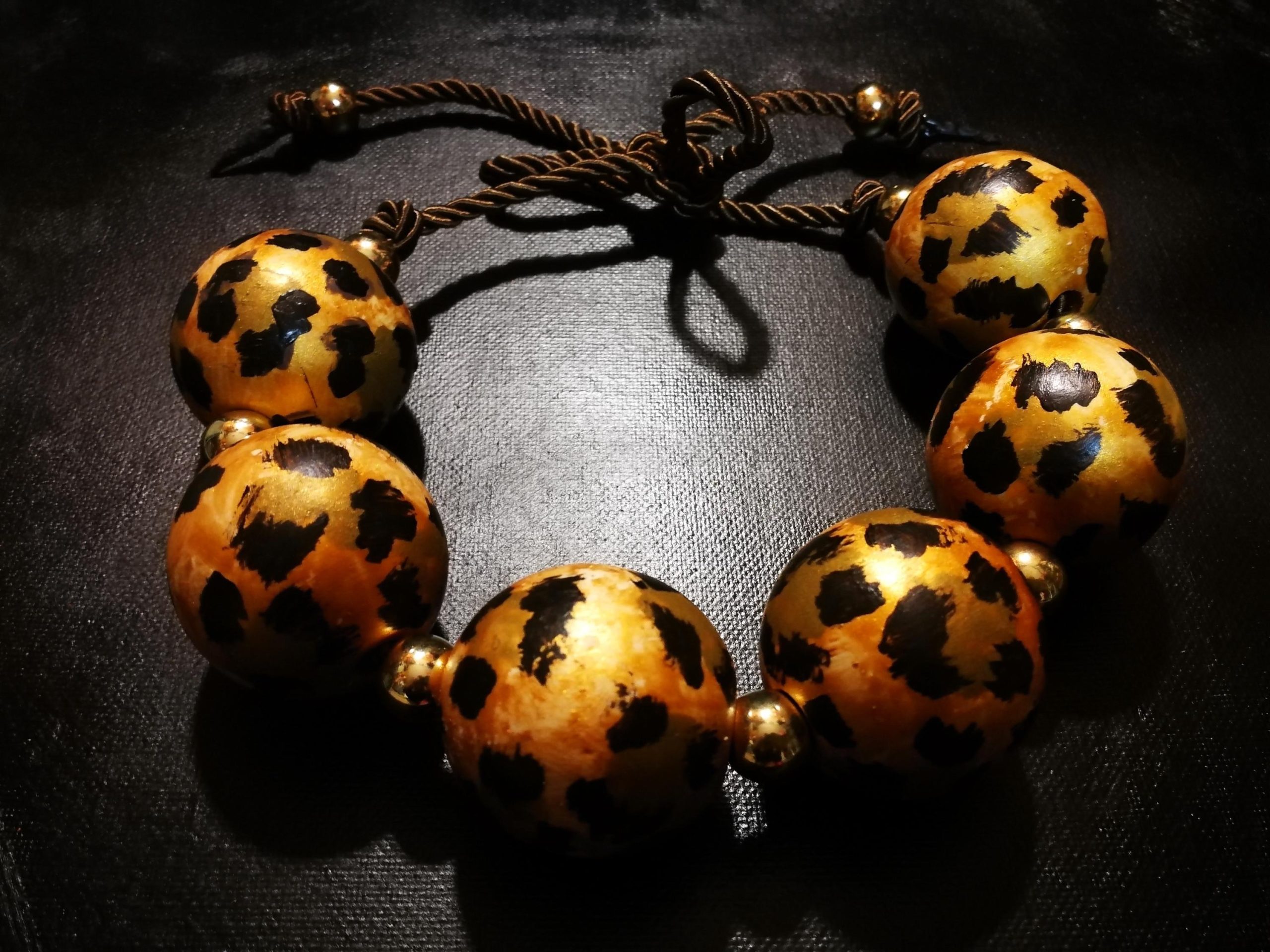 Oversized Necklace Hand Painted Leopard Orb Beaded Statement OOAK Haute Couture Jewelry Sculptured Wild