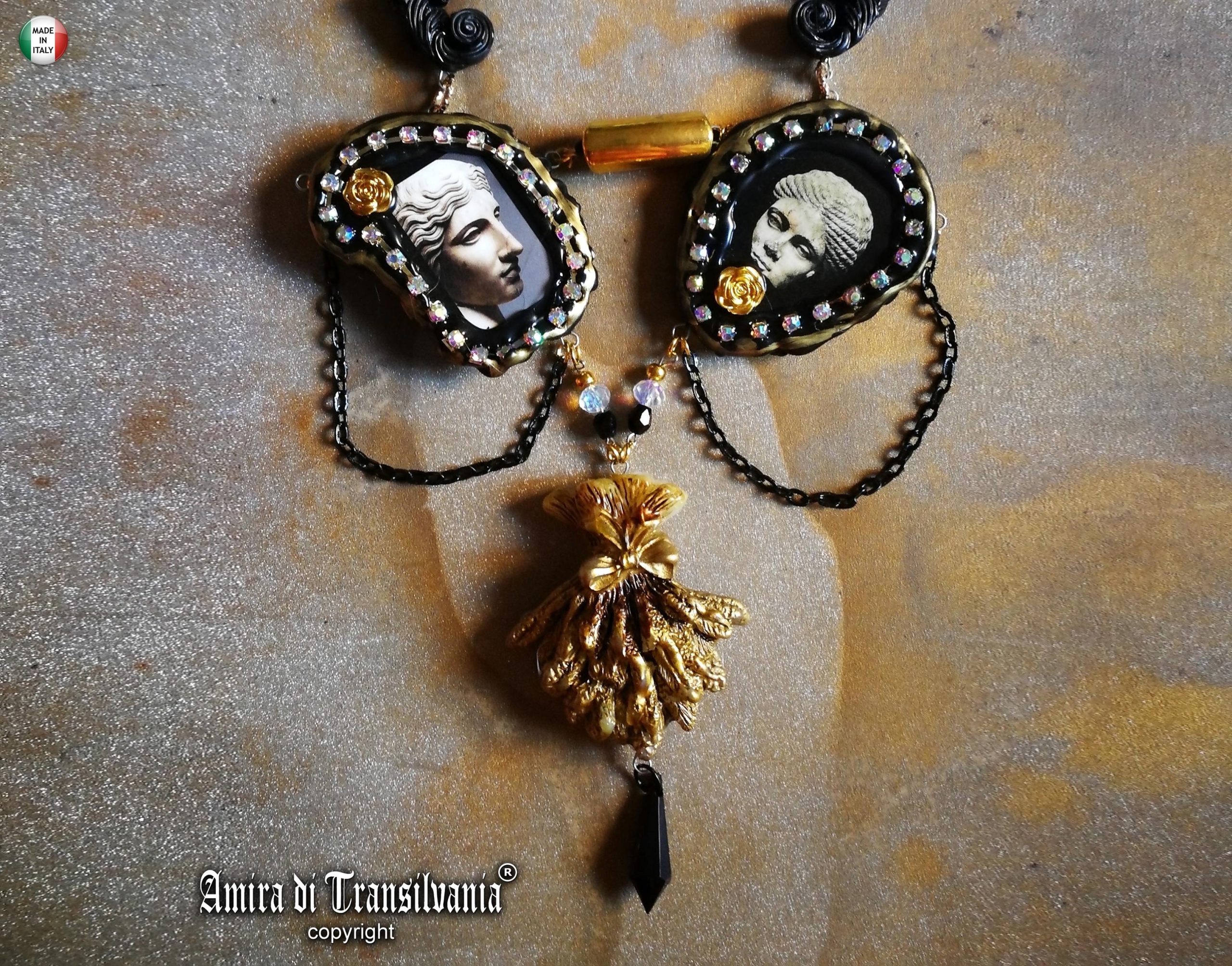 Greek Statue, Baroque Sicilian Massive Necklace, Rococo Pendant Assemblage, Luxury Jewelry Greece Antique