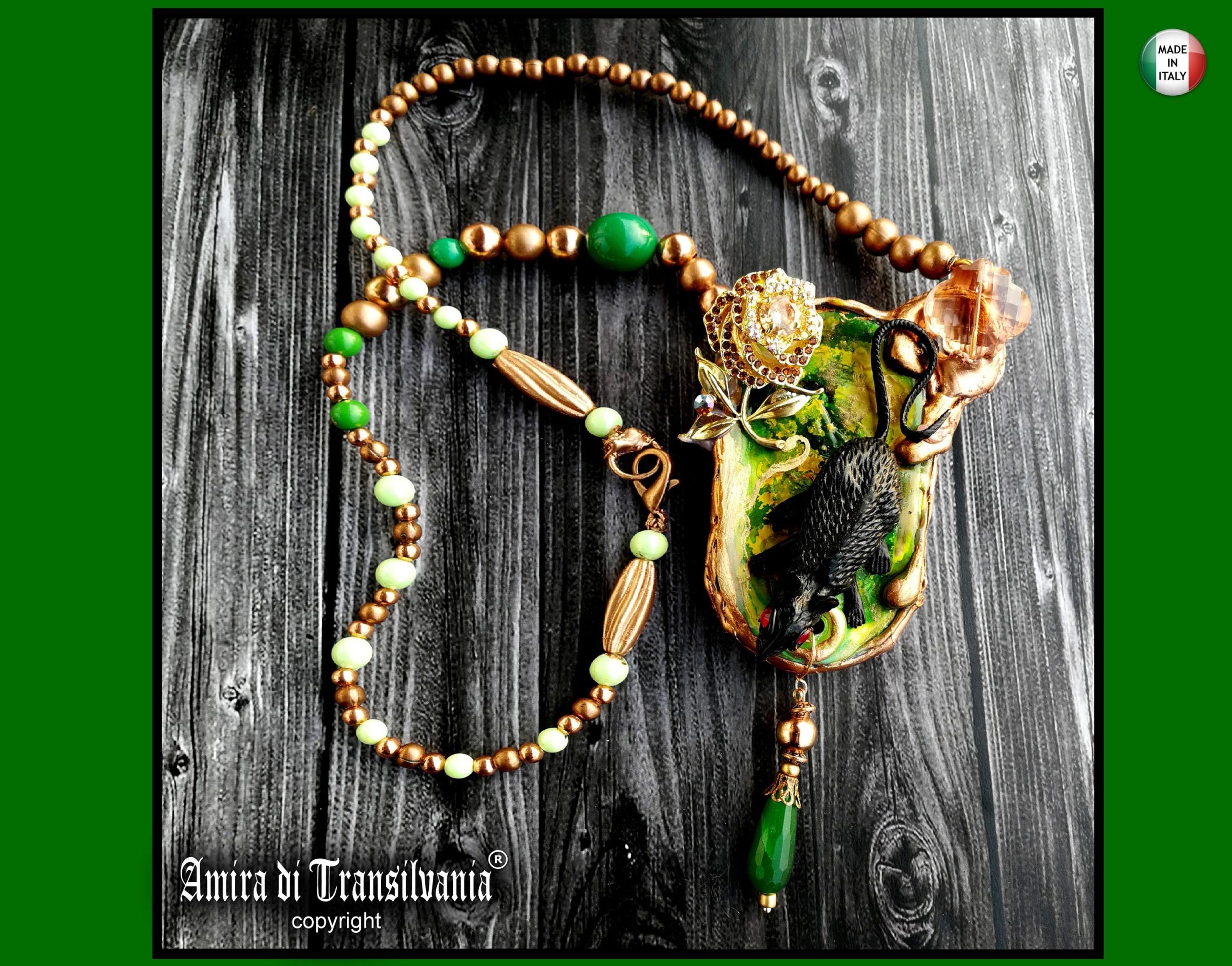 Statement Necklace, Animal Nature Pendant Collar, Liberty Jewelry Collier Copper Crystal, Mouse Pearl Gemtones