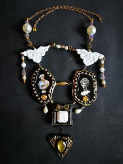 Baroque Necklace, Roman Statue Fine Jewelry, Sculptural & Enamel Rococo Pendant Luxury Filigree Golden Charm