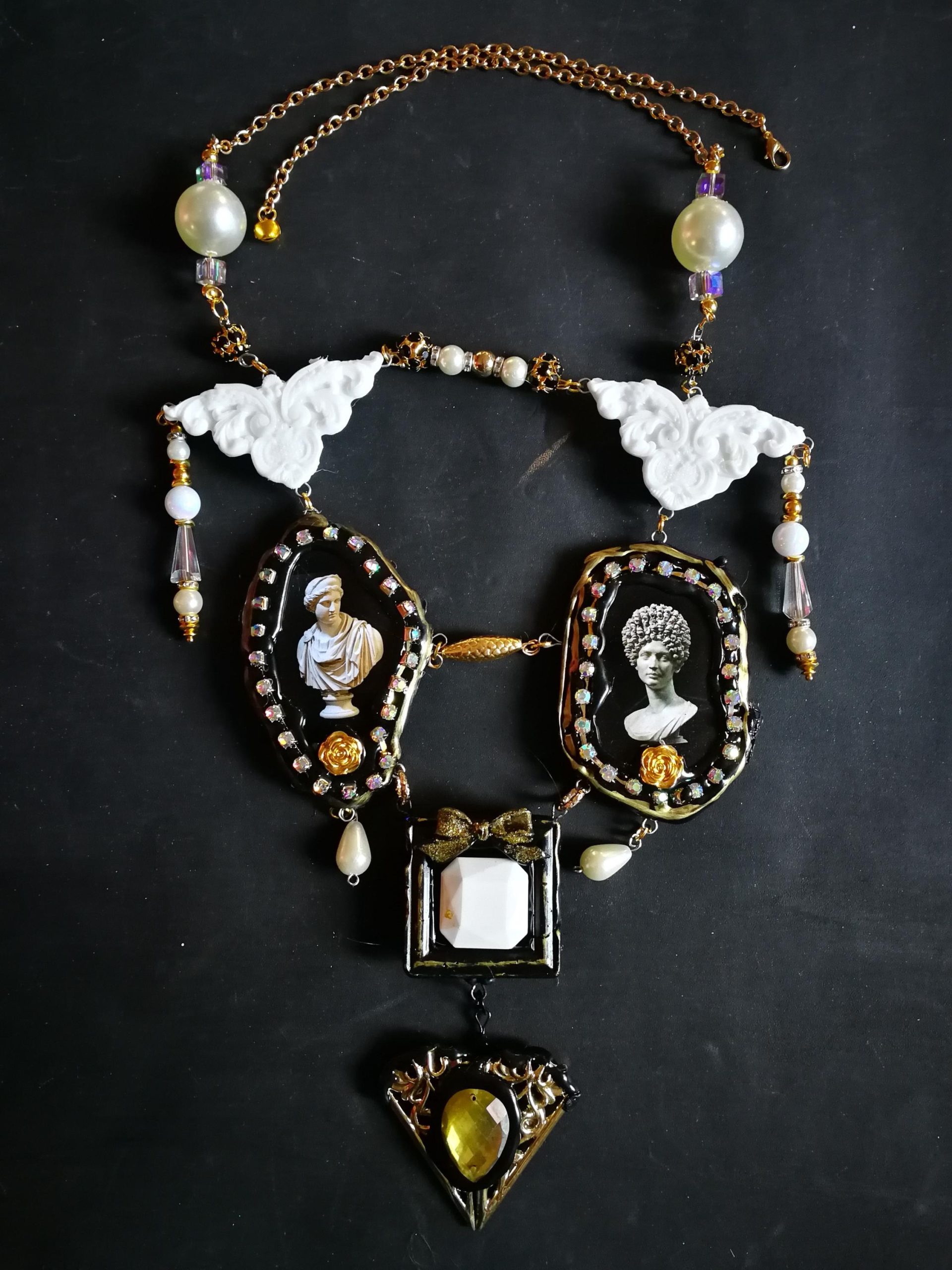 Baroque Necklace, Roman Statue Fine Jewelry, Sculptural & Enamel Rococo Pendant Luxury Filigree Golden Charm