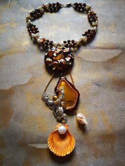 Lobster Jewelry, Statement Choker Necklace, Jasper Raw Stone Gold Mirror Pendant Shell & Pearl Charm