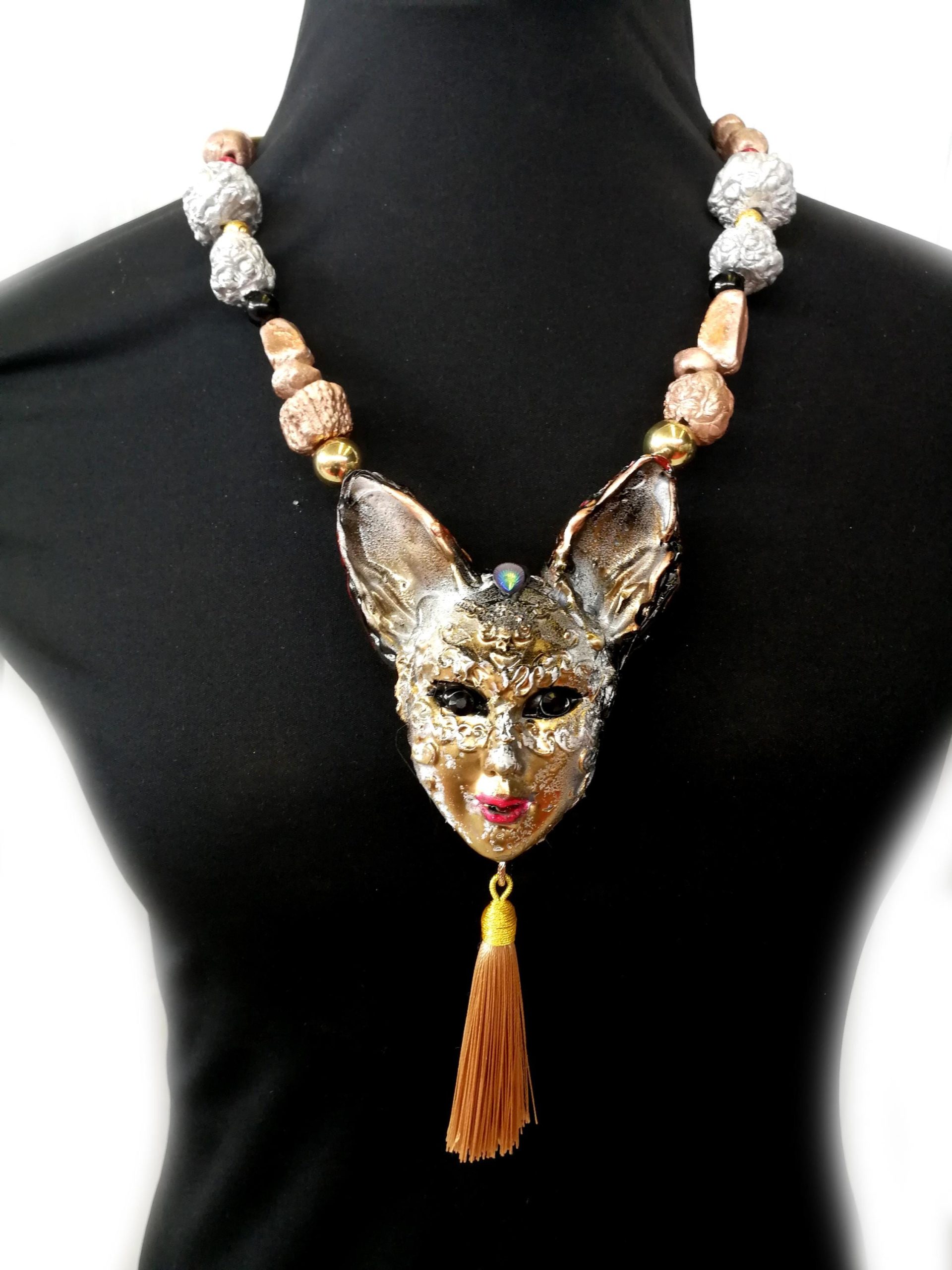 Venetian Mask Costume Jewelry, Cat Pendant Theatre Eye Mask, Luxury Charm Statement Sculptural Necklace