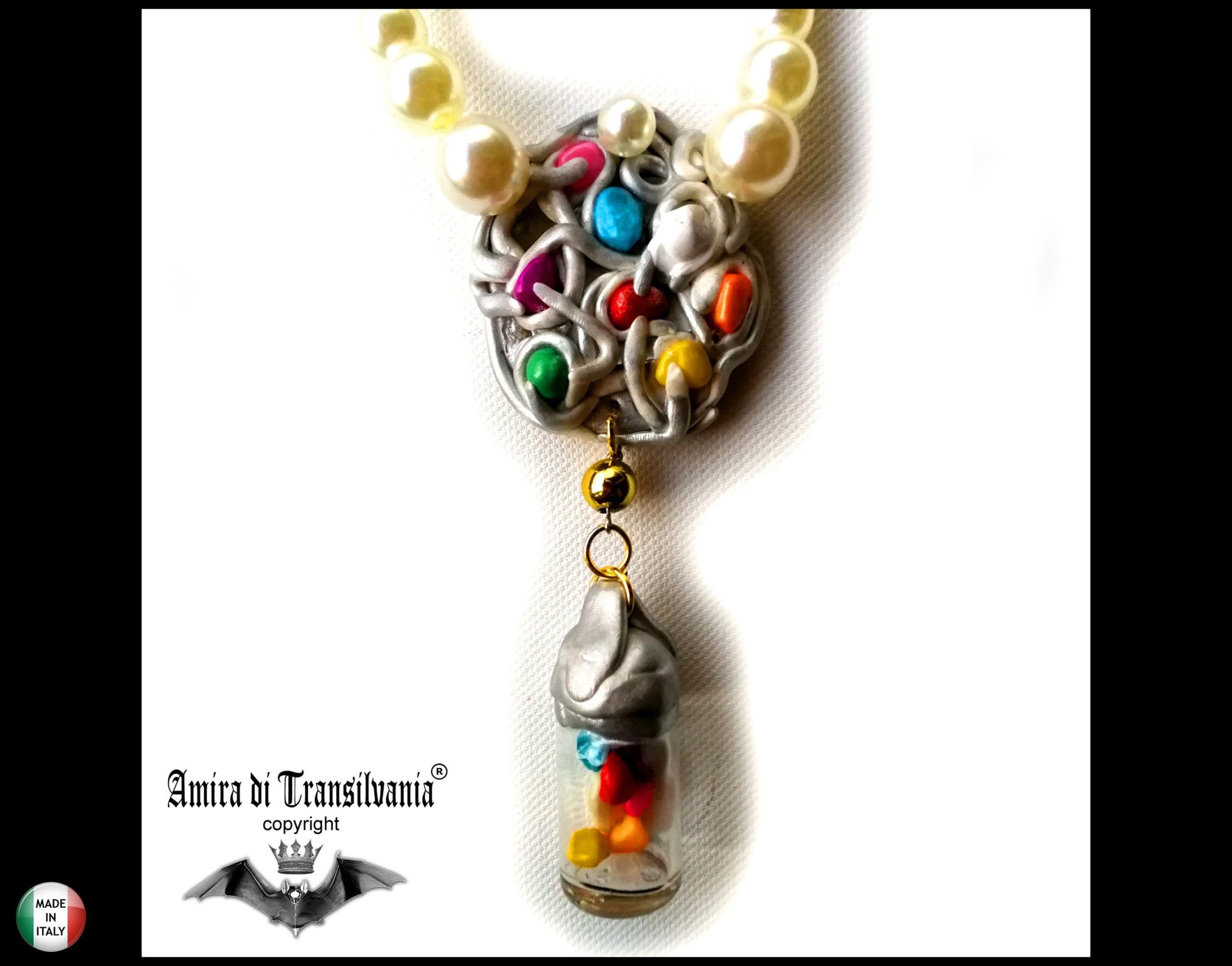 Pendant Necklace Gemstone, Boho Couture Rope Amulet, Modernist Minimalist Designer Jewelry, Pearl Charm Locket