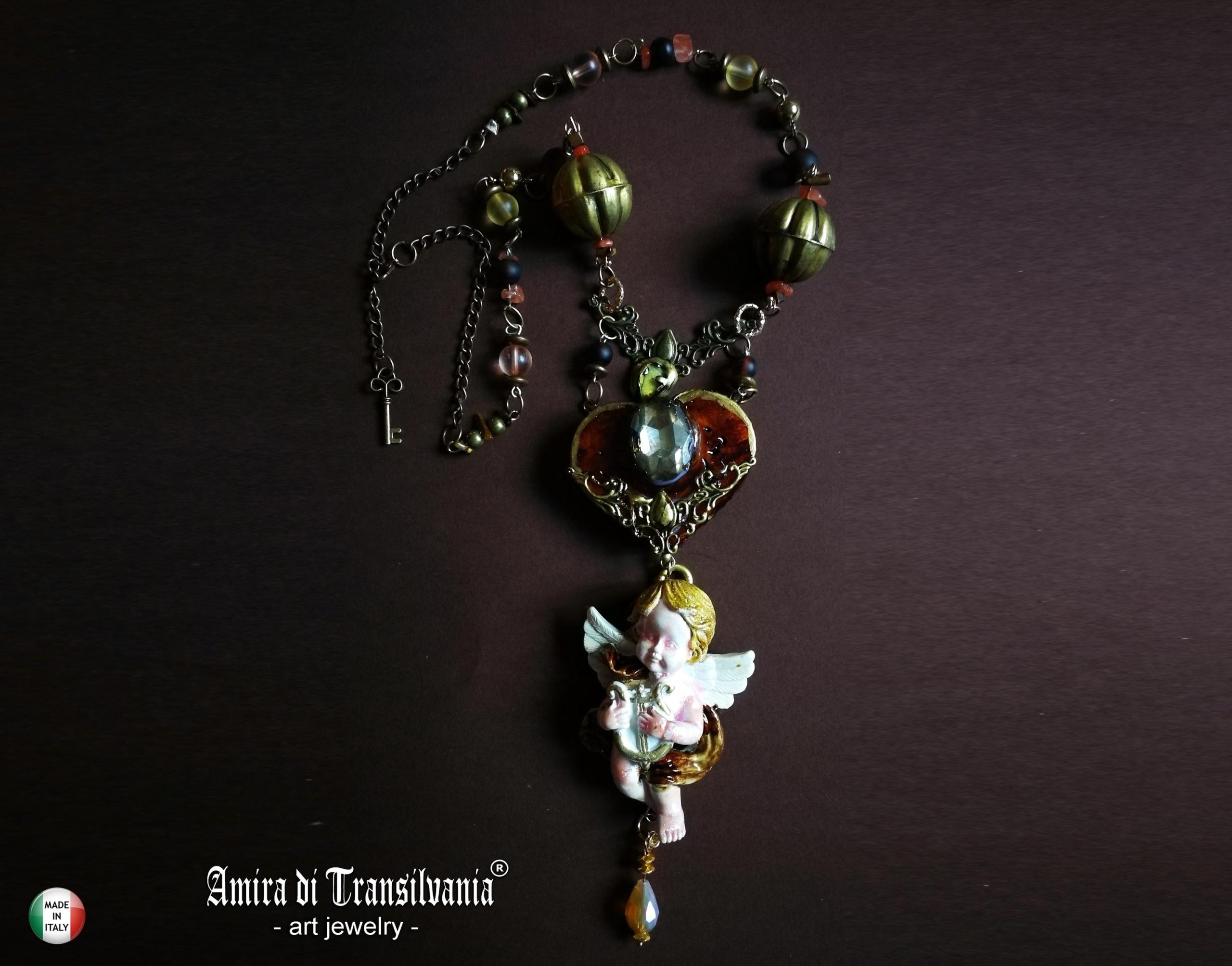 Vintage Jewelry Baroque Jewellery, Music Making Angel Winged Archangel Pendant, Rococo Necklace Antique Cherubim