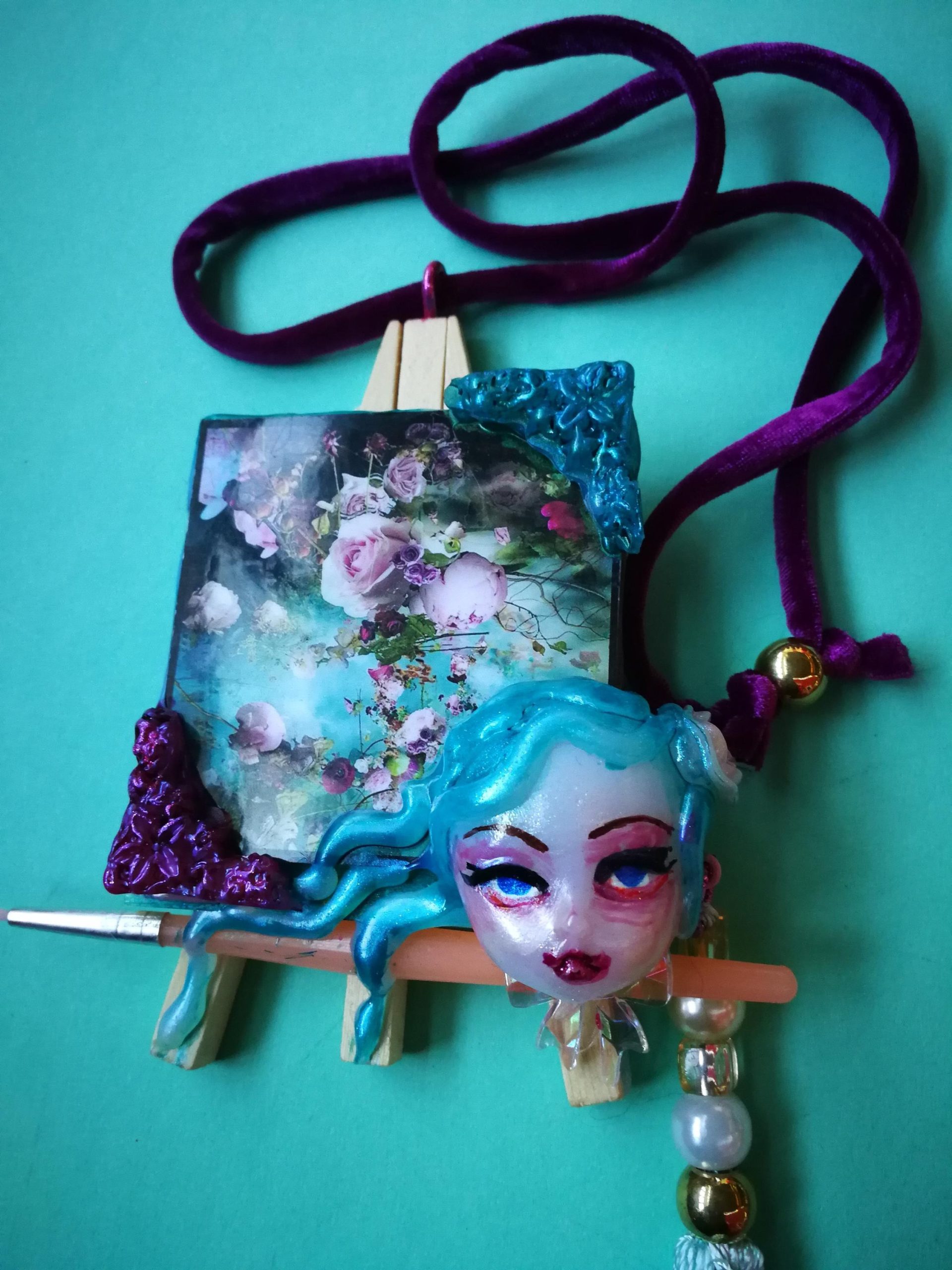 Doll Head Necklace, Artist Palette OOAK Pendant, Big Bold Chunky Tassel Statement Sculpture Jewelry