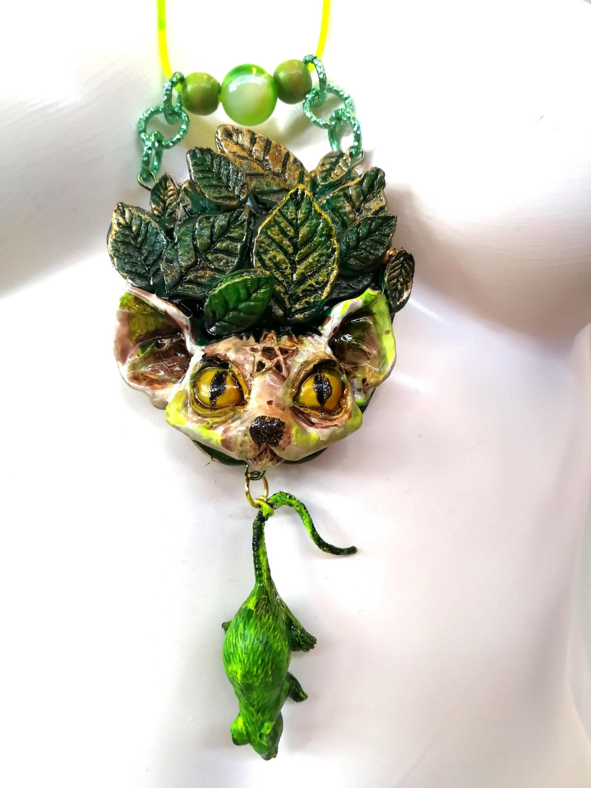 Statement Necklace - Animal Pendant Luxury Art Jewelry - Wild Cat Memorial Totem Sculptural Beaded Design