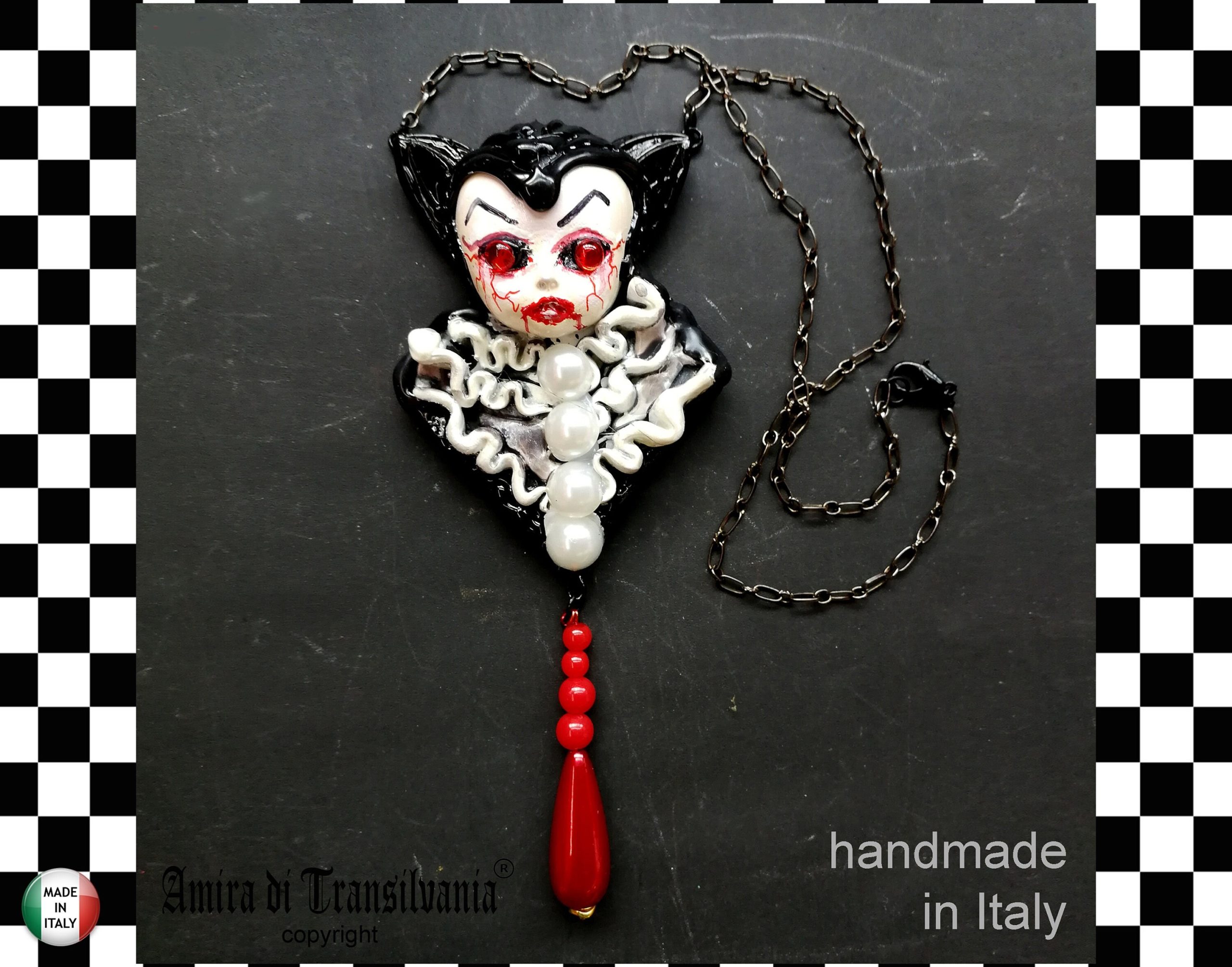 Bat Vampire Doll Pendant, Dracula Transilvania Gothic Jewel, Locket Medallion Charm, Jewelry Sculpture Necklace