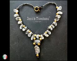 Quartz Necklace, Statement Chunky Jewelry, Clear Crystal Large Natural Stone, Gold Beaded Chain Designer