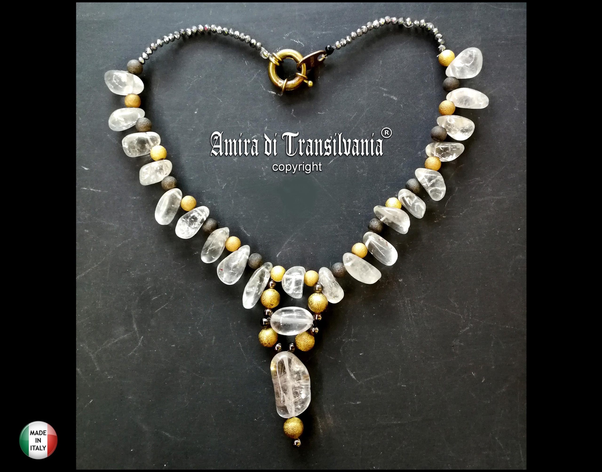 Quartz Necklace, Statement Chunky Jewelry, Clear Crystal Large Natural Stone, Gold Beaded Chain Designer