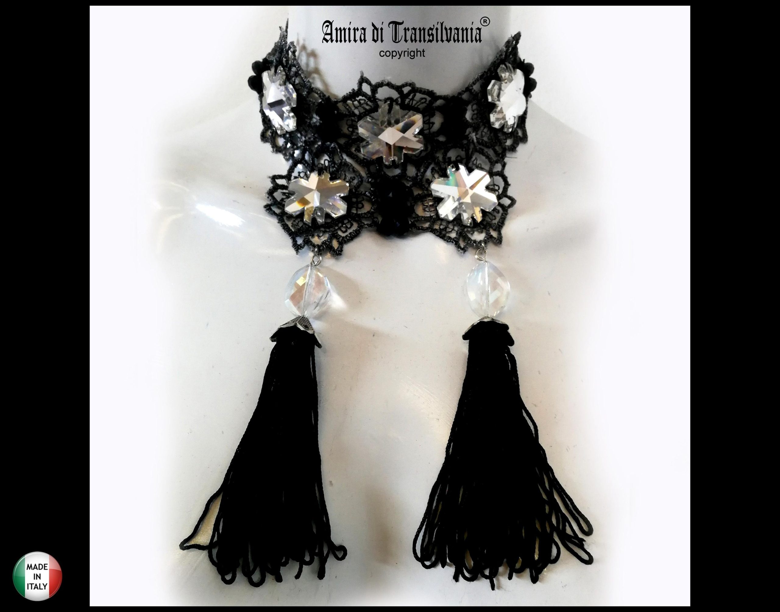 Maie Antoniette Collar, Strass Choker Jewelry, Embroidered Lace Crystal Bib, Victorian Baroque Necklace Tassel Charm