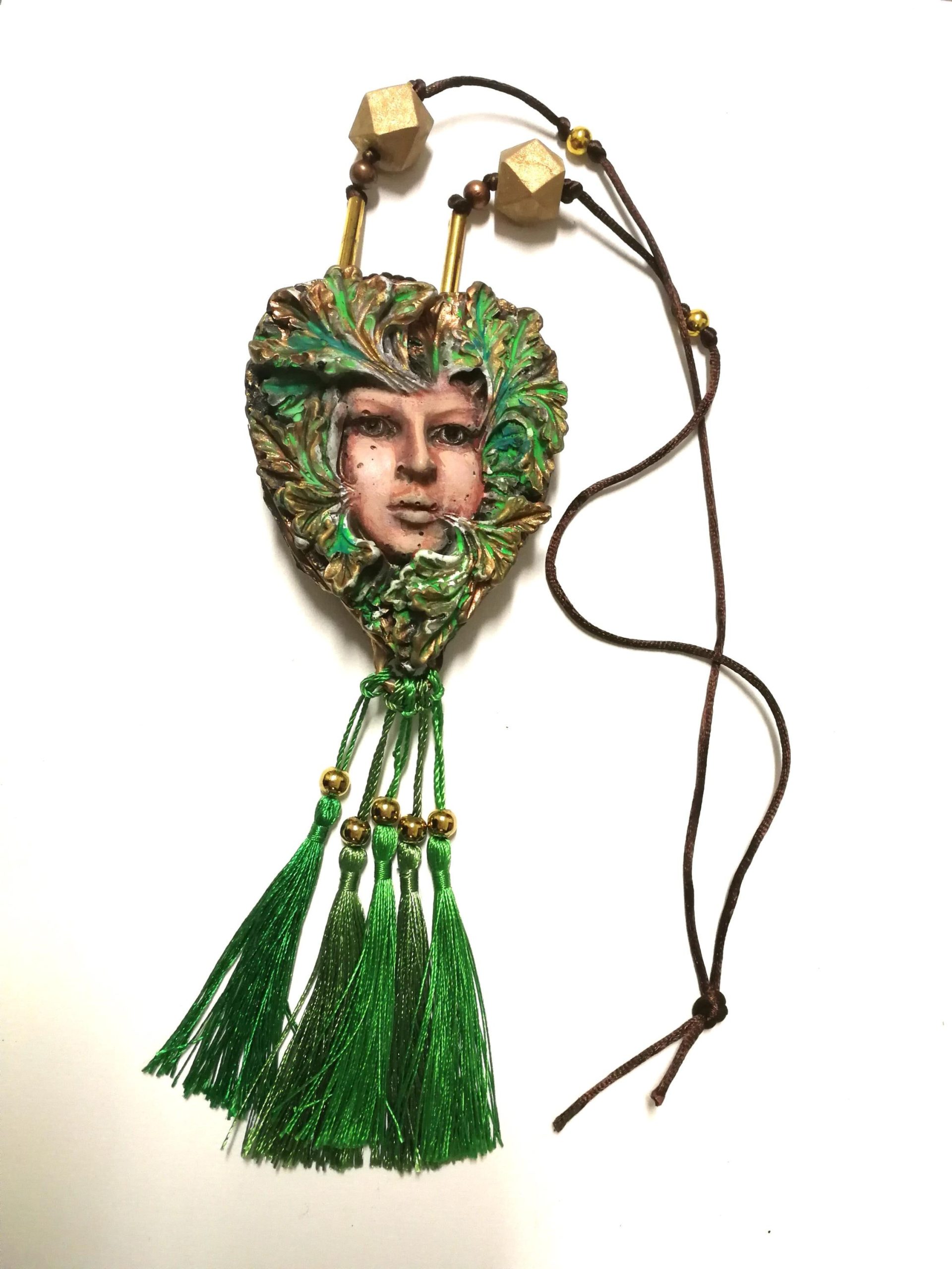 Designer Jewelry, Chunky Pendant Forest Spirit Guide, Green Elf Little People Chunky Necklace Charm