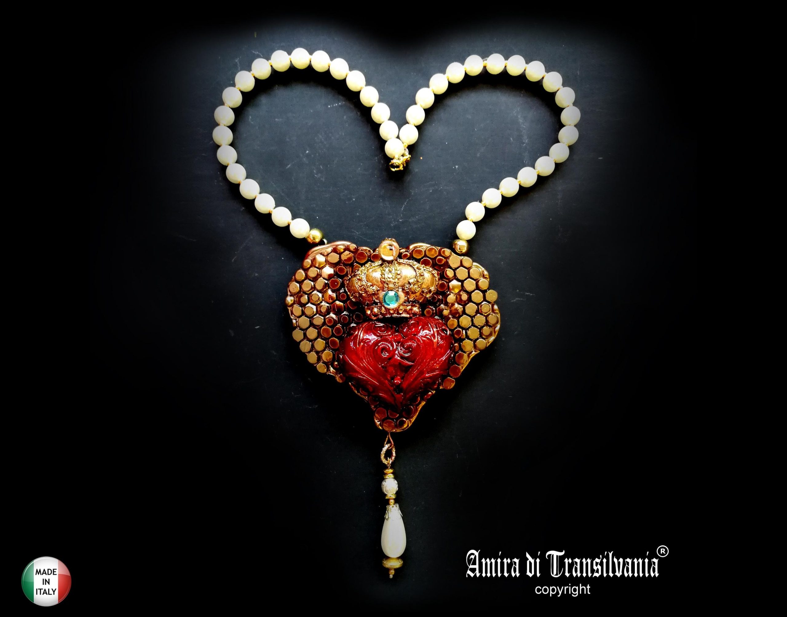 Luxury Necklace, Bee Nest Bumble Honey Pendant, Broken Heart Jewelry Charm Pearl Royal Crown
