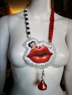 Betty Boop Figurine Whimsical Statement Necklace, OOAK Kiss & Lips Jewelry Old Hollywood Femme Fatale