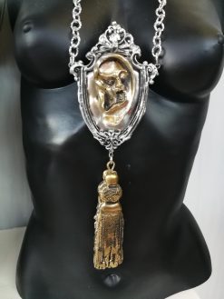 Art Deco Silver Pendant, Golden Music Ear, Brutalist Chain Locket